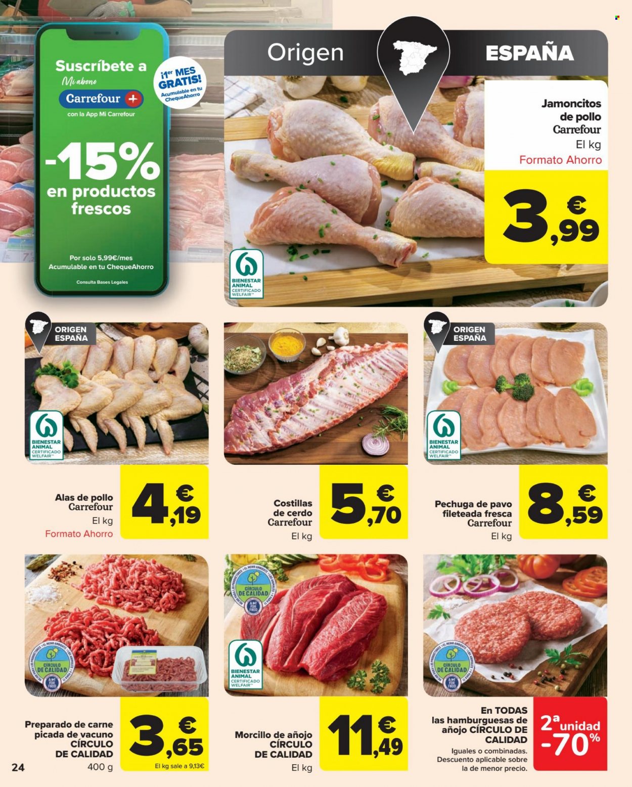thumbnail - Folleto actual Carrefour - 27/01/23 - 13/02/23 - Ventas - costilla, costilla de cerdo, pechuga de pavo, alitas de pollo, muslo de pollo, filete de pavo, preparado de carne, carne de añojo, hamburguesa, carne picada. Página 24.