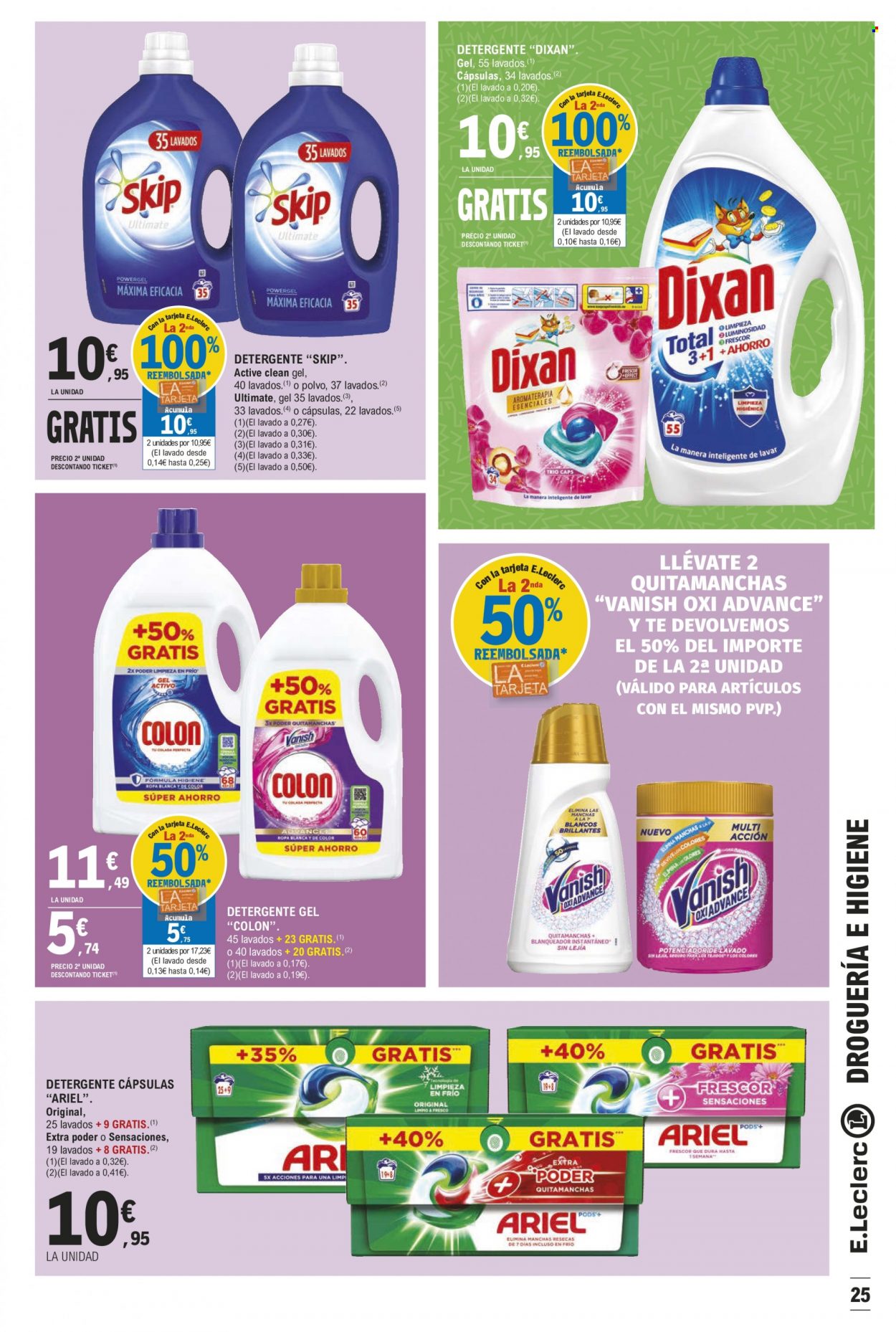 thumbnail - Folleto actual E.Leclerc - 15/03/23 - 26/03/23 - Ventas - detergente, detergente en gel, Dixan, Ariel, detergente en cápsulas, Skip. Página 25.
