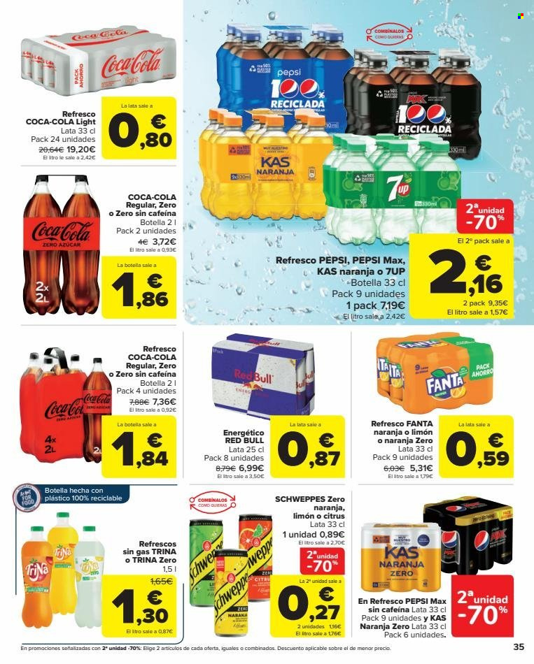 thumbnail - Folleto actual Carrefour - 14/03/23 - 27/03/23 - Ventas - bebida, Coca-cola, Coca-Cola Light, Coca-Cola Zero, 7UP, KAS, Pepsi, Pepsi Max, refresco, bebida energética, Red Bull, Fanta, TriNa, Schweppes. Página 37.
