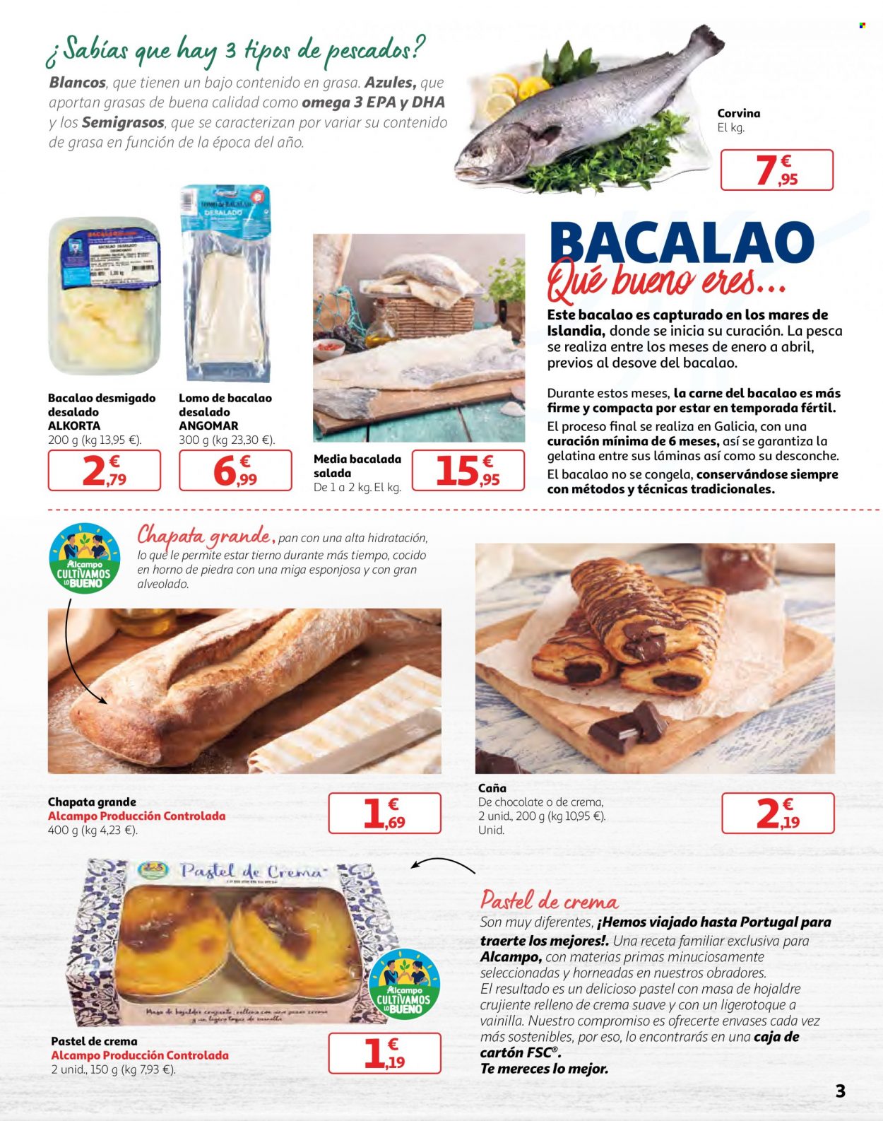thumbnail - Folleto actual Alcampo - 15/03/23 - 27/03/23 - Ventas - corvina, pescado, bacalao, filete de pescado, chapata, hojaldre, pastelería, pastel. Página 3.