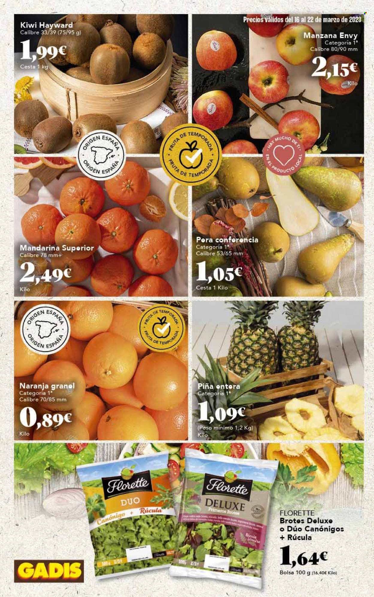 thumbnail - Folleto actual Gadis - 16/03/23 - 22/03/23 - Ventas - piña, pera, kiwi, mandarina, manzanas, naranja, ensalada, canónigos, rúcula. Página 6.