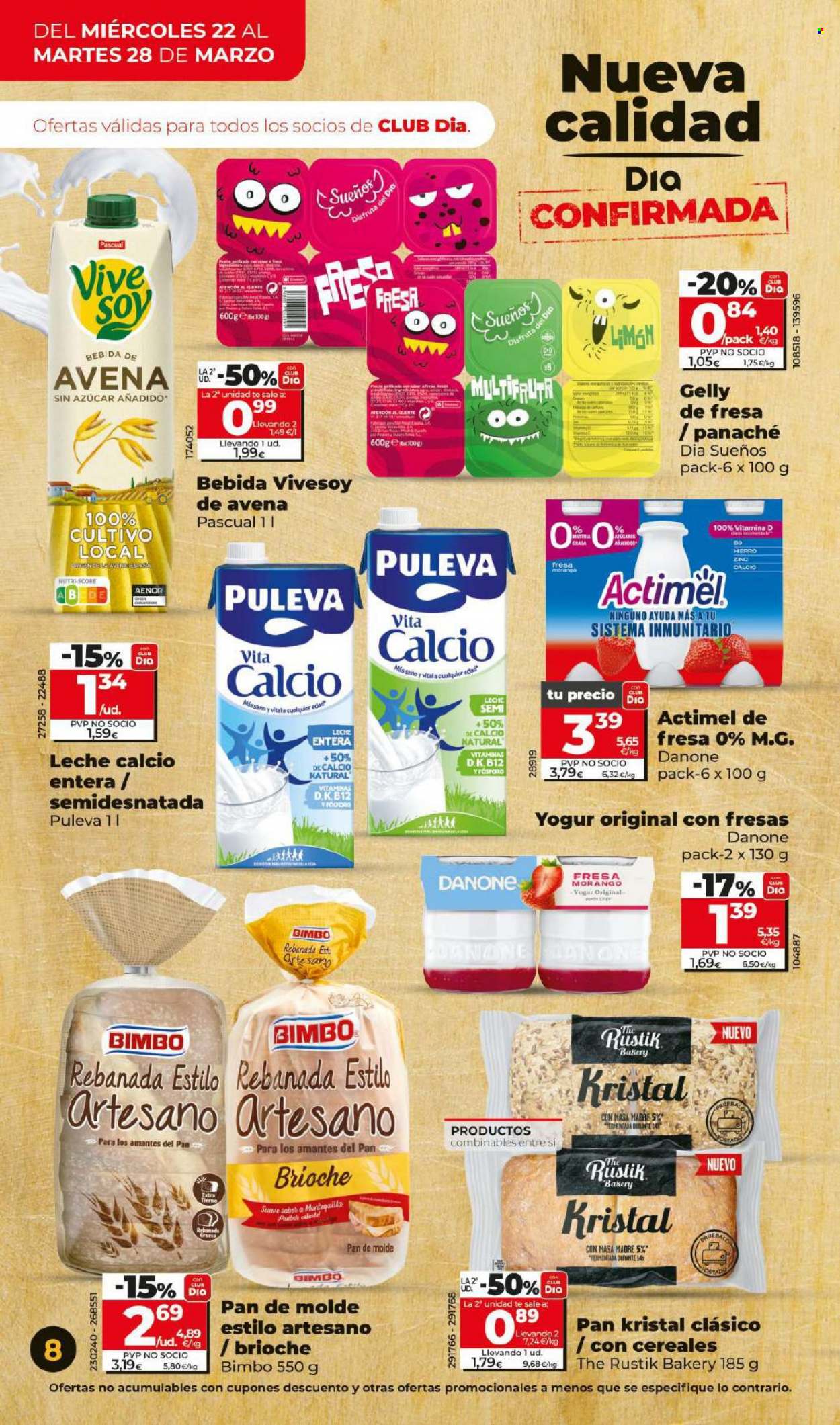 thumbnail - Folleto actual Dia - 22/03/23 - 28/03/23 - Ventas - leche, Puleva, Actimel, Danone, yogur bebible, yogur, pan, pan de molde, postre, bebida, leche de avena. Página 8.