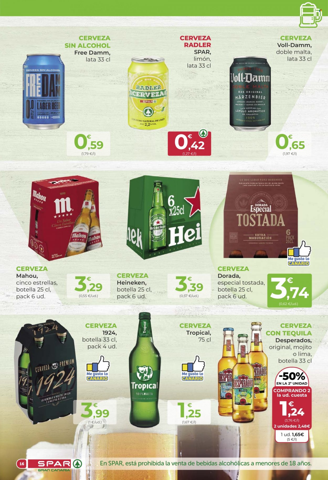 thumbnail - Folleto actual SPAR - 17/03/23 - 30/03/23 - Ventas - cerveza, cerveza sin alcohol, bebida alcohólica, Radler, Voll-Damm, Mahou, Heineken, Desperados. Página 16.