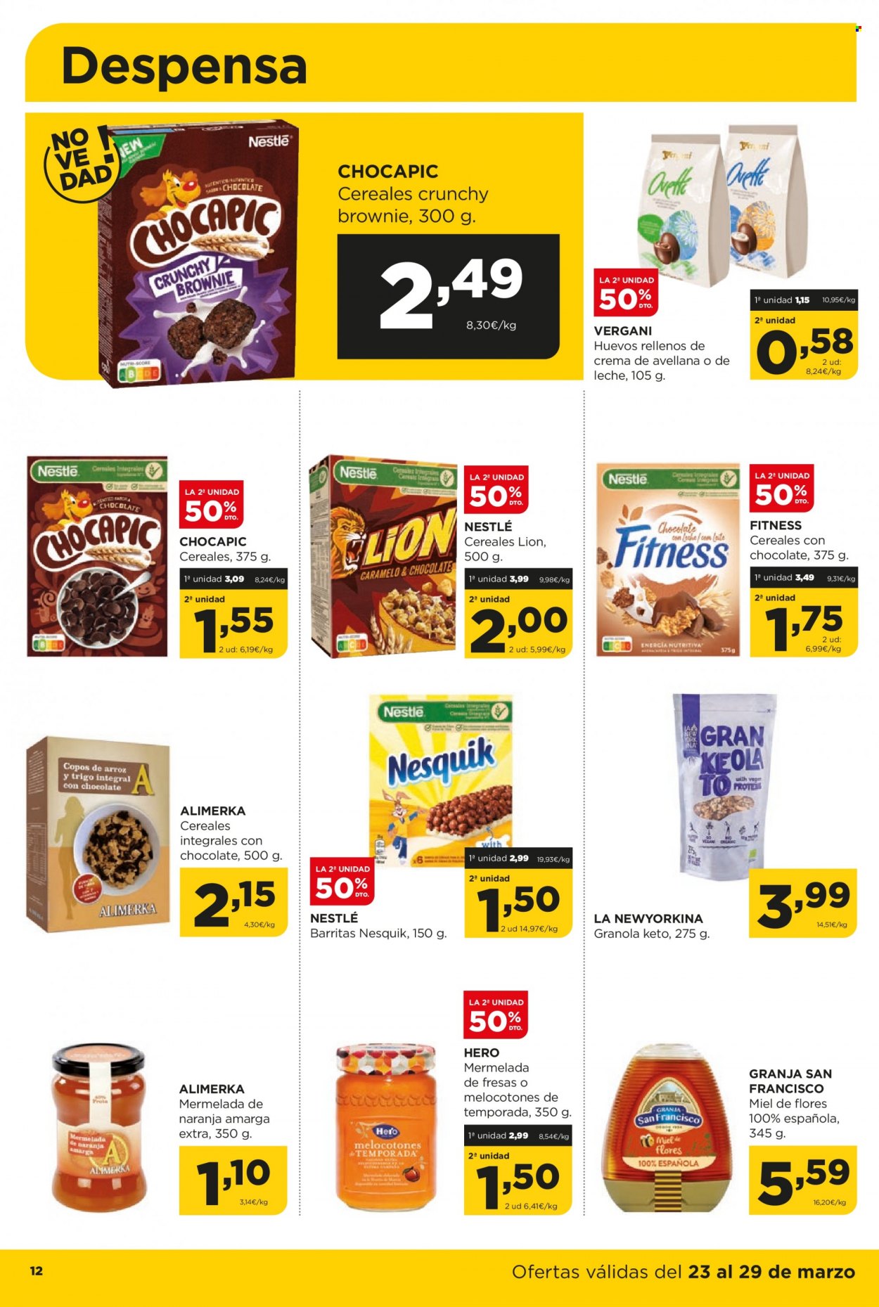 thumbnail - Folleto actual Alimerka - 23/03/23 - 29/03/23 - Ventas - cereales, Chocapic, granola, mermelada, miel, huevo de chocolate, Nestlé, barra cereal, Nesquik, Hero. Página 12.