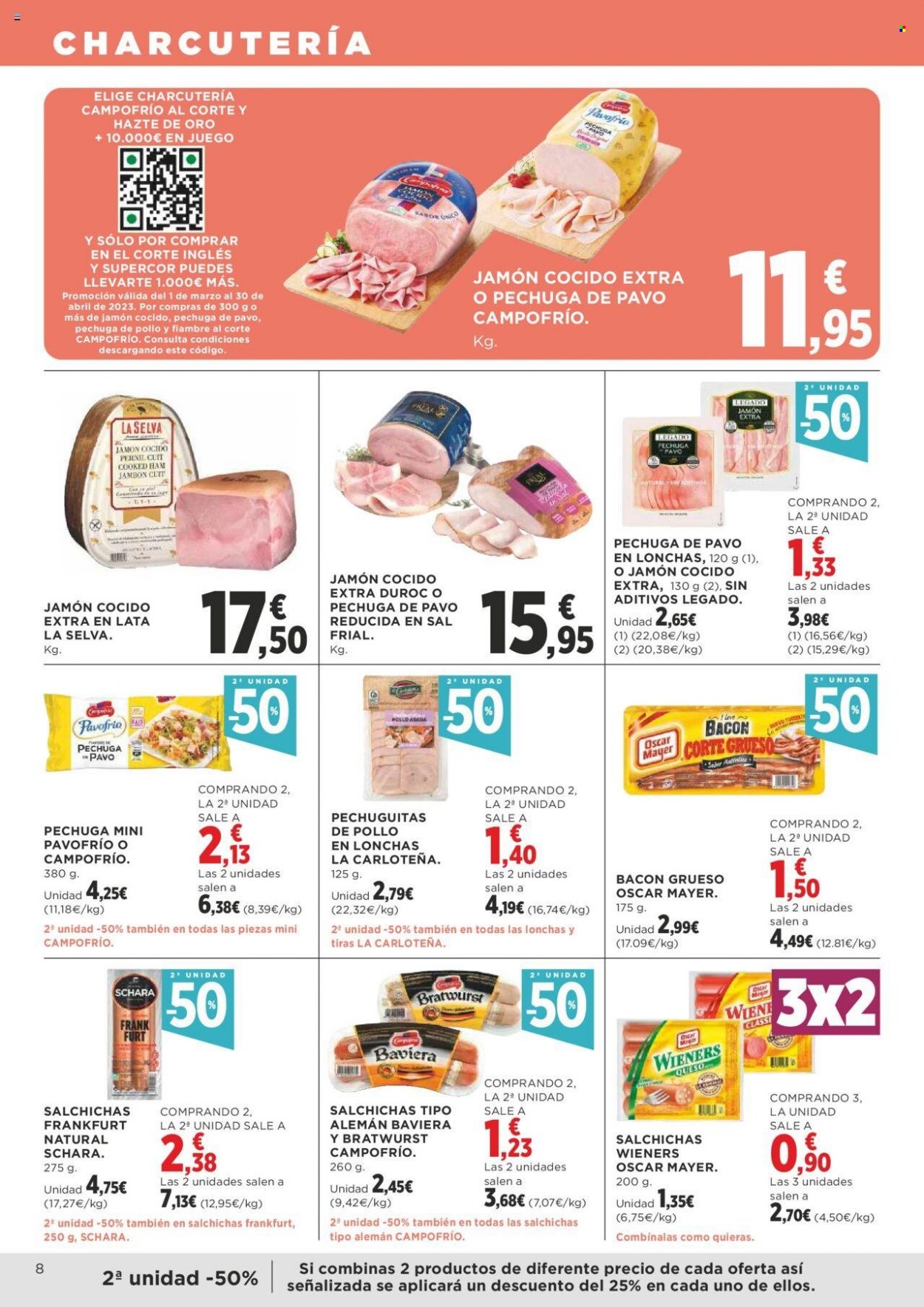 thumbnail - Folleto actual Supercor supermercados - 23/03/23 - 04/04/23 - Ventas - pechuga de pavo, Campofrío, bacón, jamón cocido, fiambre. Página 8.