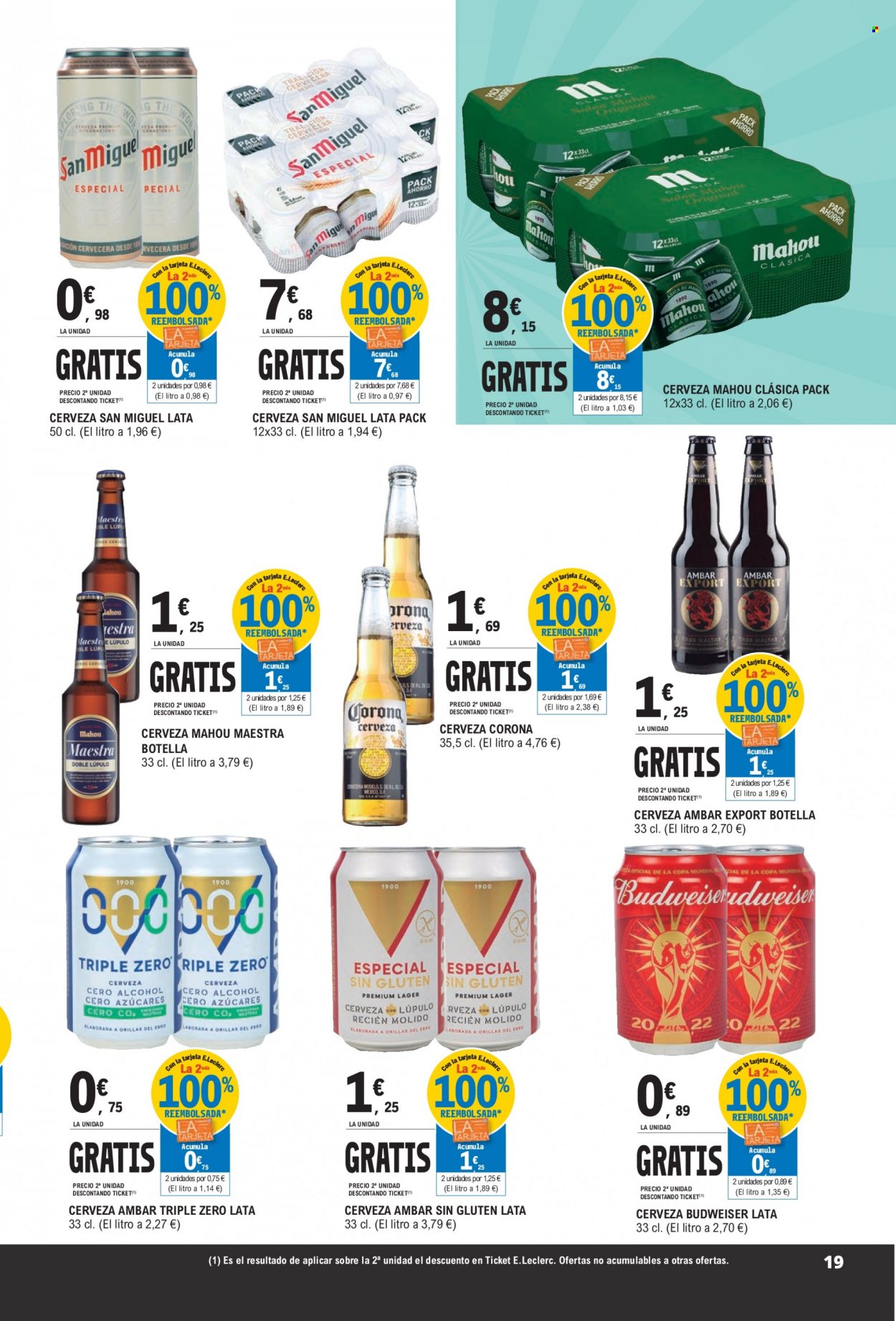 thumbnail - Folleto actual E.Leclerc - 22/03/23 - 01/04/23 - Ventas - bebida alcohólica, cerveza, San Miguel, Mahou, Corona, Ambar, cerveza sin alcohol, Budweiser. Página 19.