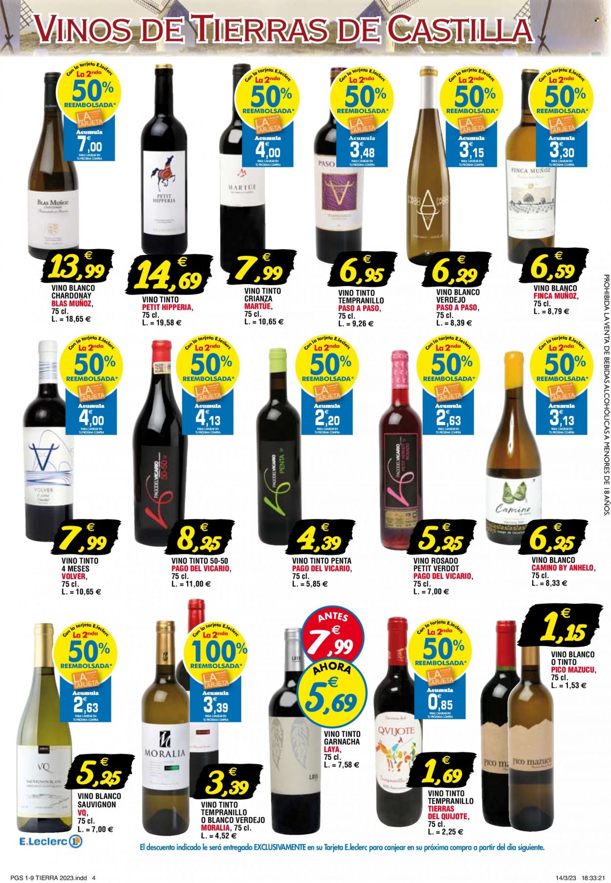 thumbnail - Folleto actual E.Leclerc - 22/03/23 - 08/04/23 - Ventas - bebida alcohólica, Chardonnay, vino, vino blanco, Crianza, vino tinto, Tempranillo, Verdejo, vino rosado, Sauvignon. Página 4.
