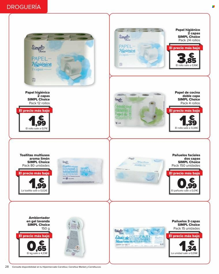 thumbnail - Folleto actual Carrefour - 24/03/23 - 21/06/23 - Ventas - papel higienico, rollo de cocina, toallas húmedas, toallitas, pañuelos, ambientador. Página 28.