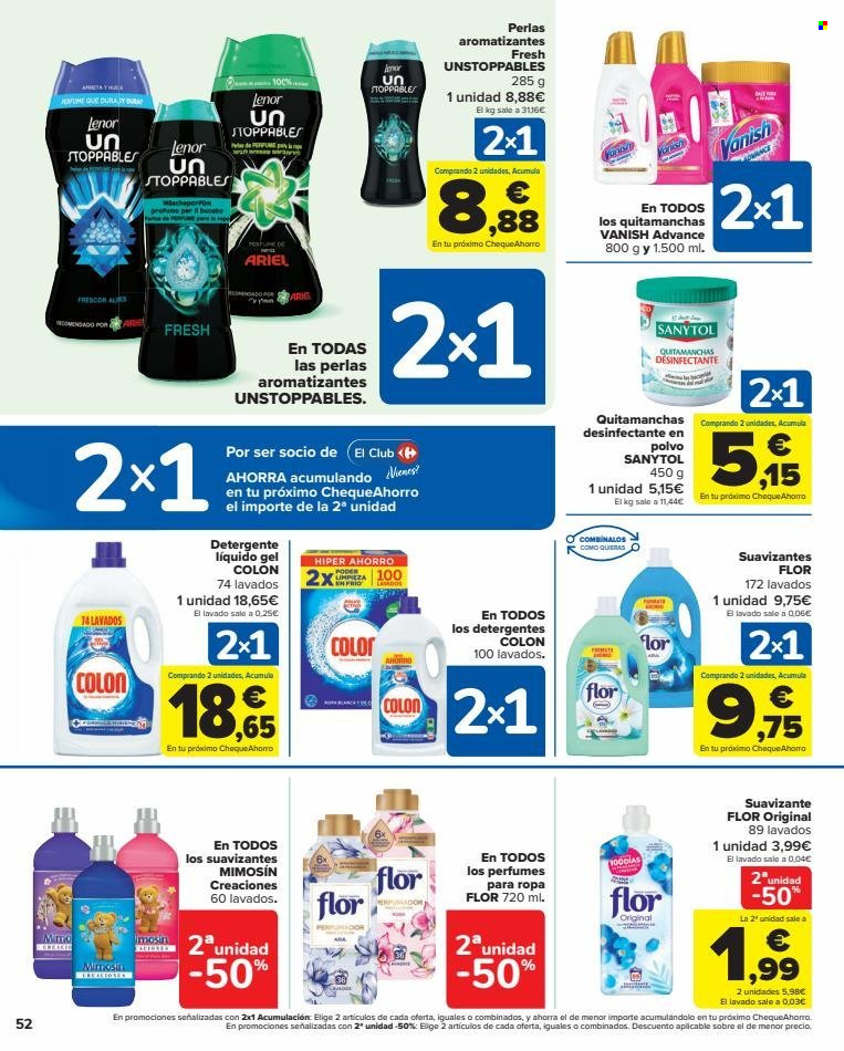 thumbnail - Folleto actual Carrefour - 28/03/23 - 11/04/23 - Ventas - suavizante, Mimosín, Unstoppables, quitamanchas, Vanish, Sanytol, desinfectante, detergente, detergente en gel. Página 52.