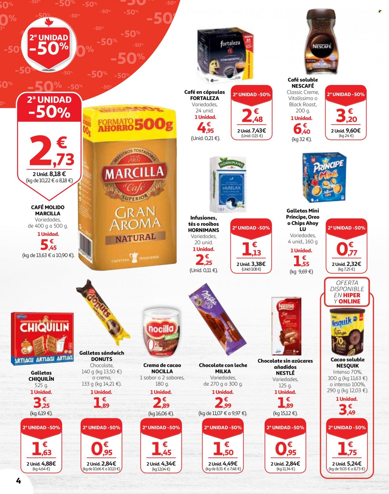 Folleto actual Alcampo - 17/05/23 - 30/05/23 - Ventas - café, café en cápsulas, café instantáneo, Nescafé, café molido, Marcilla, infusión, Rooibos, té en saquitos, Chips Ahoy, galletas, Oreo, crema de cacao, Nocilla, chocolate, Milka, Nestlé, cacao, Nesquik. Página 4.