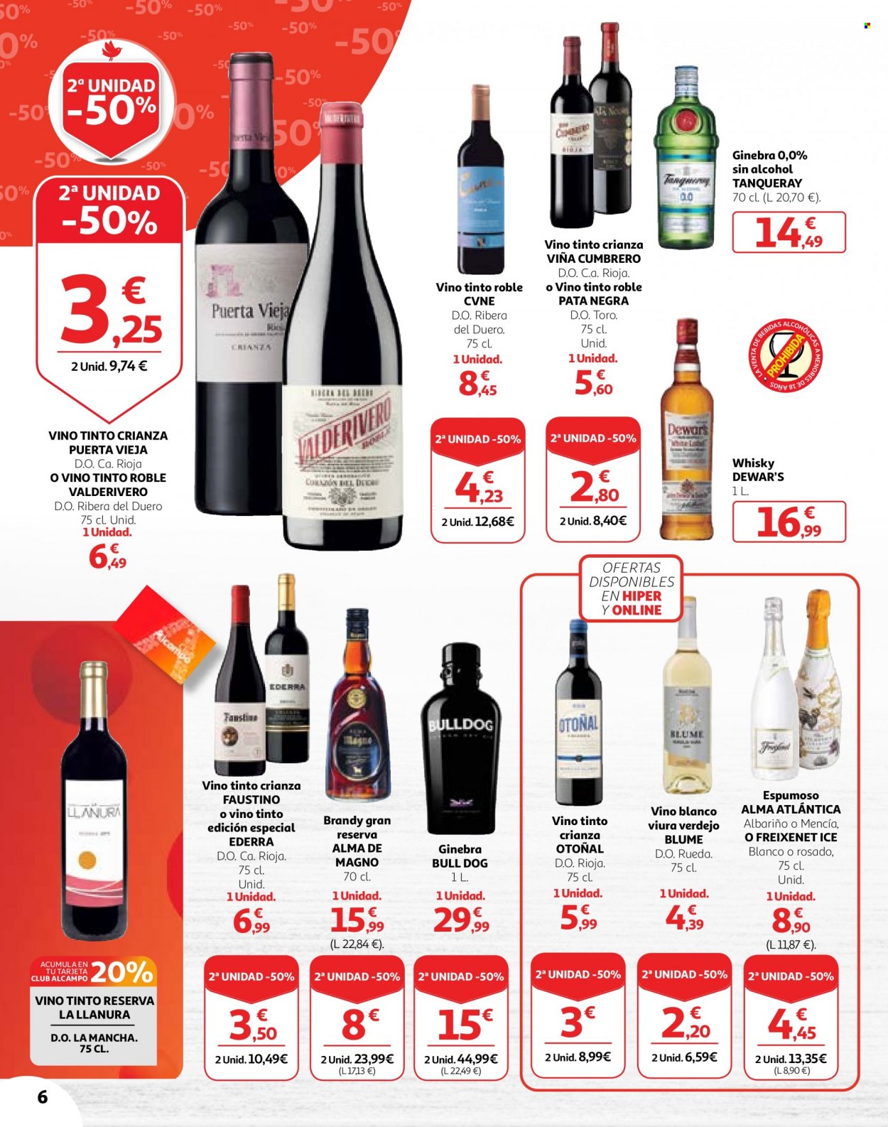 Folleto actual Alcampo - 17/05/23 - 30/05/23 - Ventas - gin, Tanqueray, bebida alcohólica, Crianza, Rioja, vino, vino tinto, Ribera del Duero, Dewar's, whisky, brandy, Gran Reserva, Albariño, Freixenet, vino blanco, vino espumoso, vino rosado, Blume, Verdejo. Página 6.