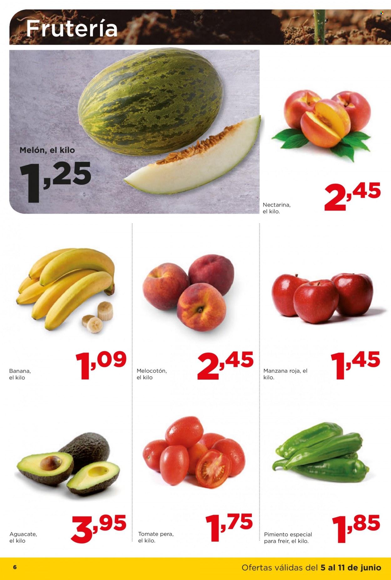 thumbnail - Folleto actual Alimerka - 05/06/23 - 11/06/23 - Ventas - nectarina, manzanas, aguacate, melón, banana, melocotón, tomate, pimiento. Página 6.