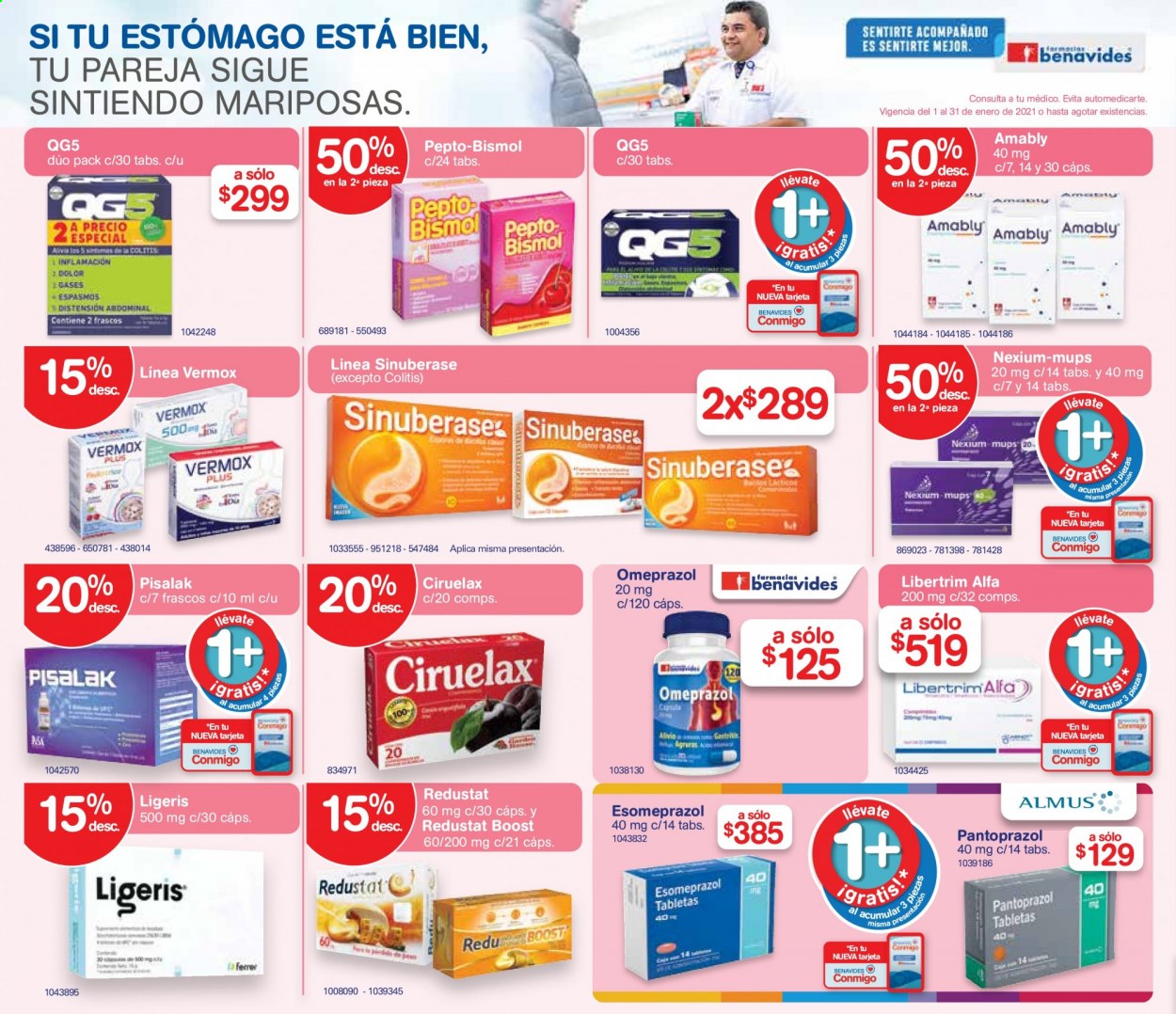 thumbnail - Folleto actual Farmacias Benavides - 1.1.2021 - 31.1.2021 - Ventas - Omeprazol, Sinuberase, Esomeprazol, Libertrim, Pantoprazol. Página 12.