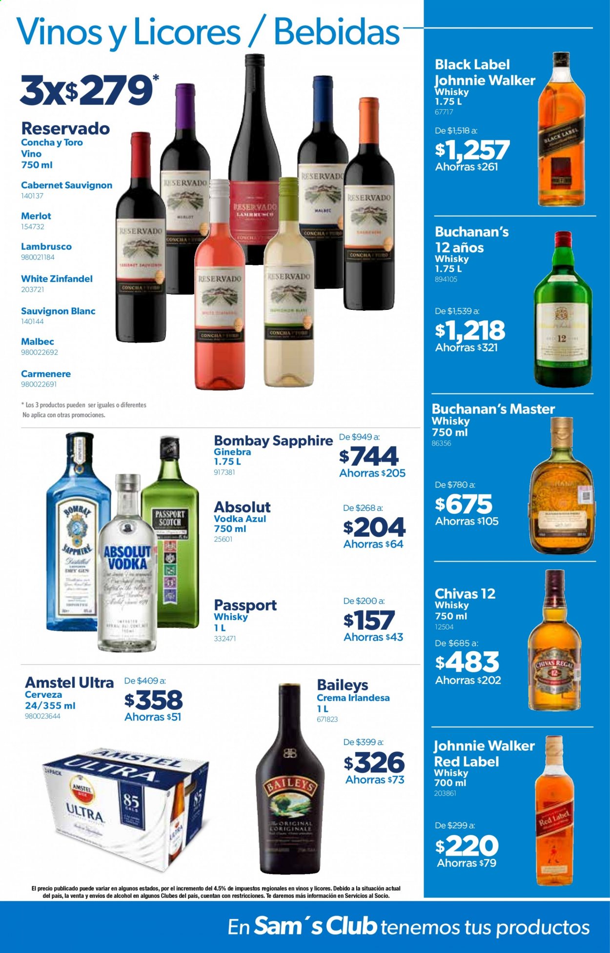 thumbnail - Folleto actual Sam's Club - 7.1.2021 - 27.1.2021 - Ventas - bebida, vino, Cabernet Sauvignon, Lambrusco, Merlot, Sauvignon Blanc, Absolut, Bombay Sapphire, gin, ginebra, Johnnie Walker, vodka, whisky, Baileys, Red Label. Página 20.