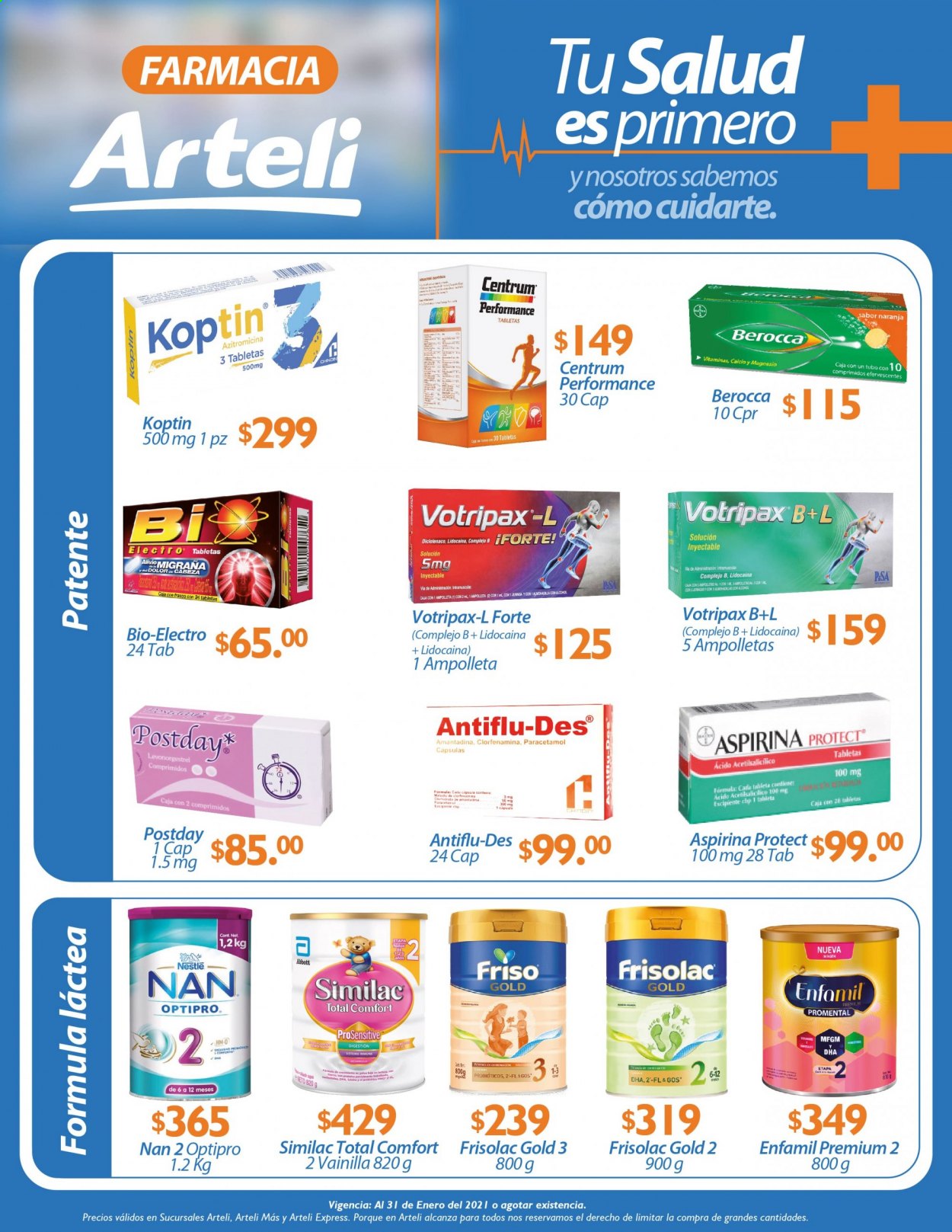 thumbnail - Folleto actual Arteli - 1.1.2021 - 31.1.2021 - Ventas - Nestlé, tableta, Enfamil, Aspirina, Calcio, Paracetamol, Lidocaina, Antiflu-Des. Página 3.