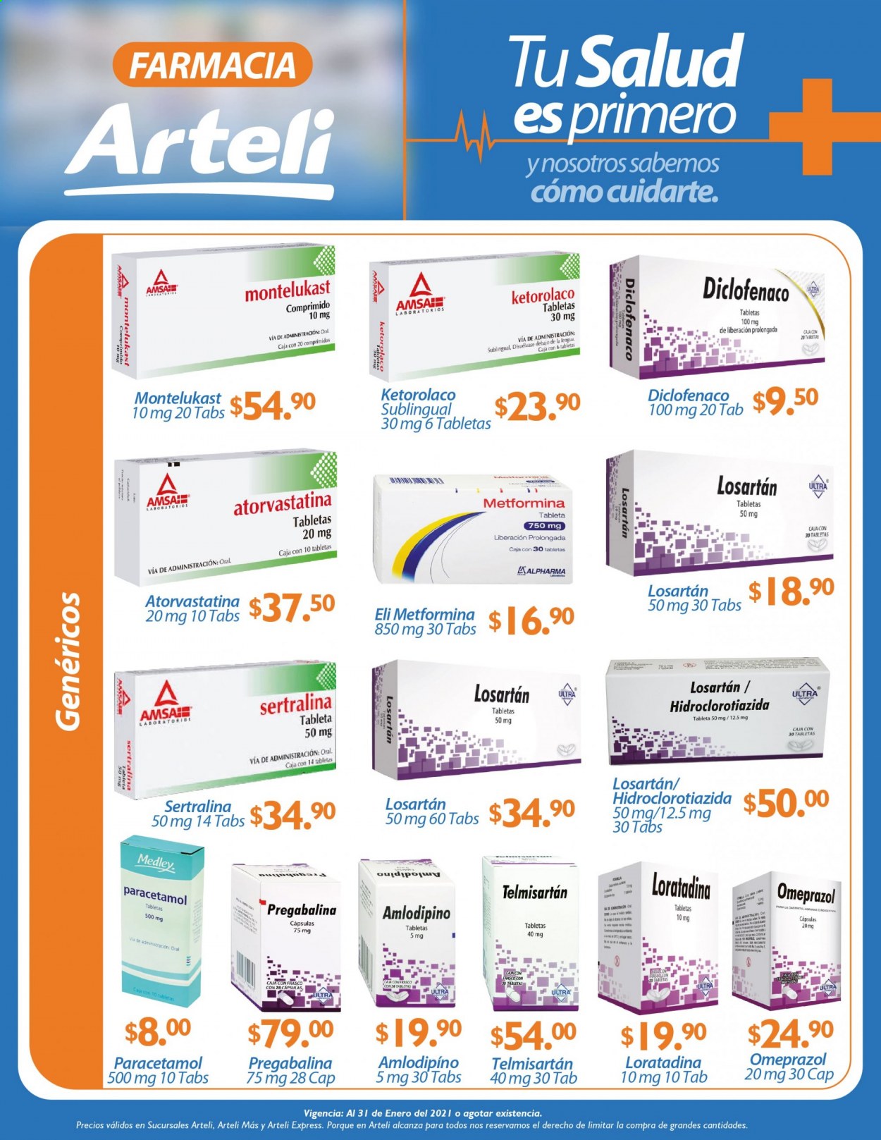thumbnail - Folleto actual Arteli - 1.1.2021 - 31.1.2021 - Ventas - Paracetamol, Diclofenaco, Omeprazol, Telmisartan, Pregabalina, Montelukast, Sertralina. Página 4.