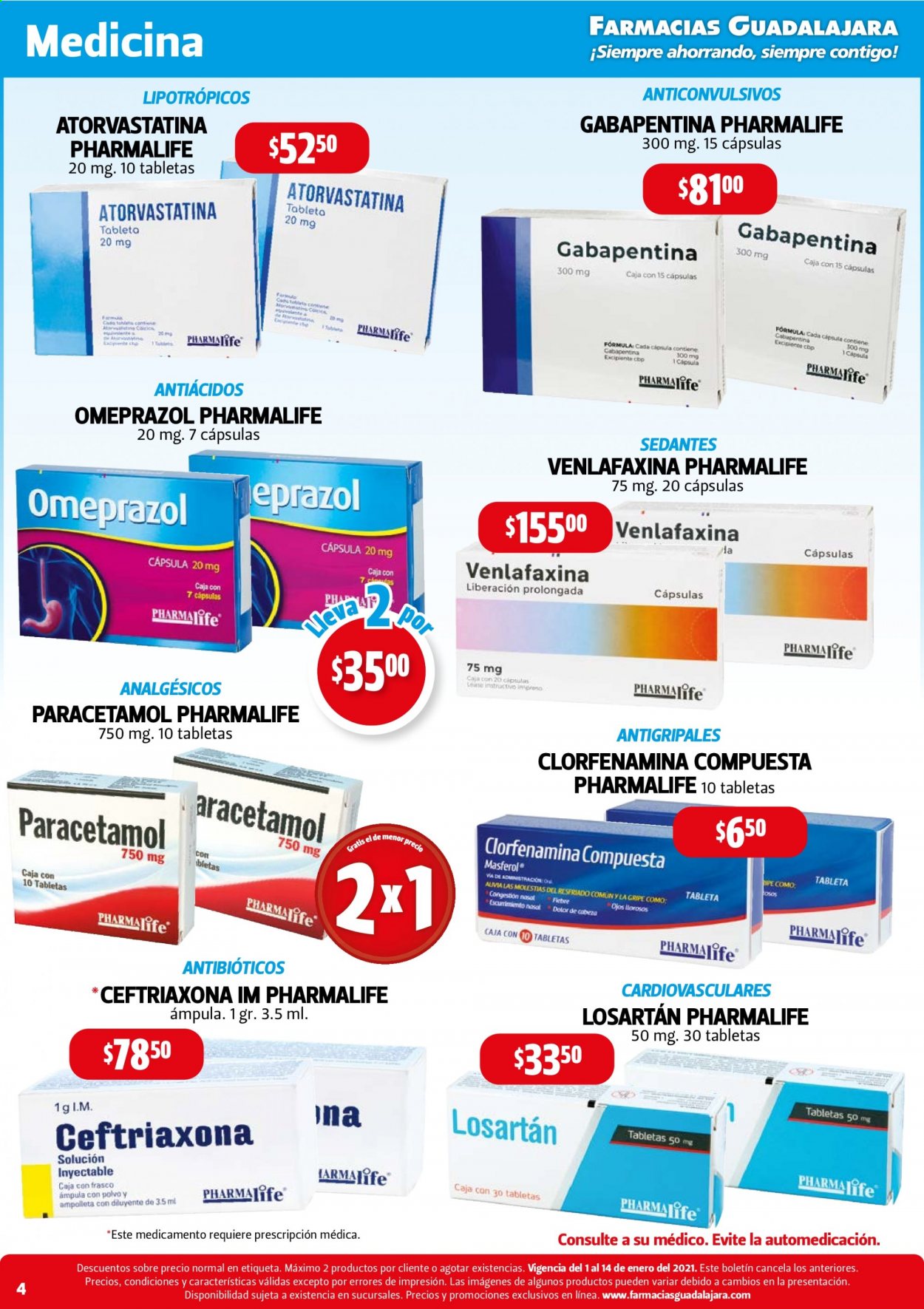 thumbnail - Folleto actual Farmacias Guadalajara - 1.1.2021 - 14.1.2021 - Ventas - Paracetamol, Omeprazol, Pharmalife, Clorfenamina Compuesta. Página 4.