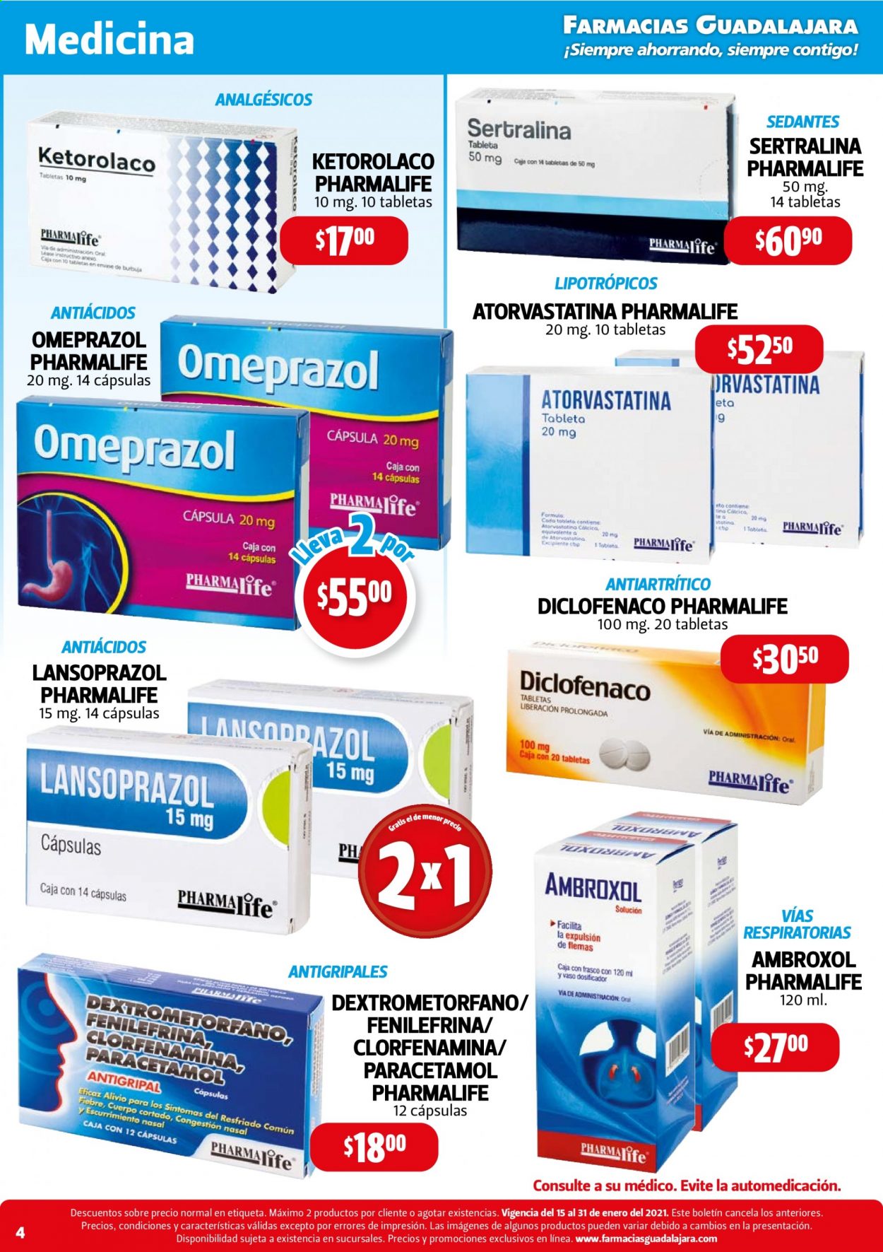 thumbnail - Folleto actual Farmacias Guadalajara - 15.1.2021 - 31.1.2021 - Ventas - Ambroxol, Paracetamol, Diclofenaco, Omeprazol, Pharmalife, Sertralina. Página 4.