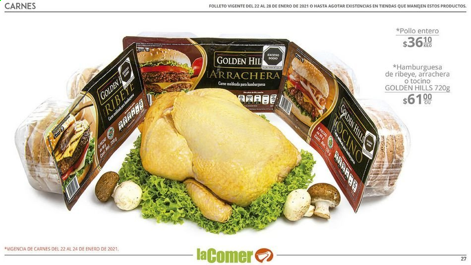 thumbnail - Folleto actual La Comer - 22.1.2021 - 28.1.2021 - Ventas - pollo, hamburguesa, Golden Hills. Página 27.