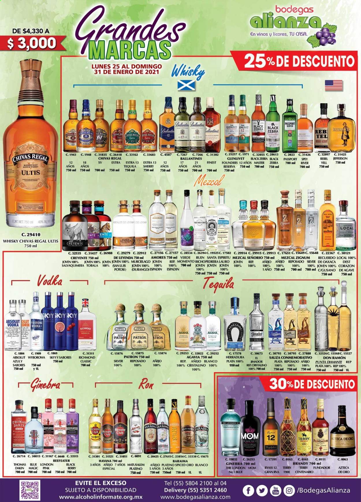 thumbnail - Folleto actual Bodegas Alianza - 25.1.2021 - 31.1.2021 - Ventas - ron, Absolut, Ballantine's, Beefeater, brandy, gin, ginebra, tequila, vodka, whisky, Scotch Whisky. Página 1.