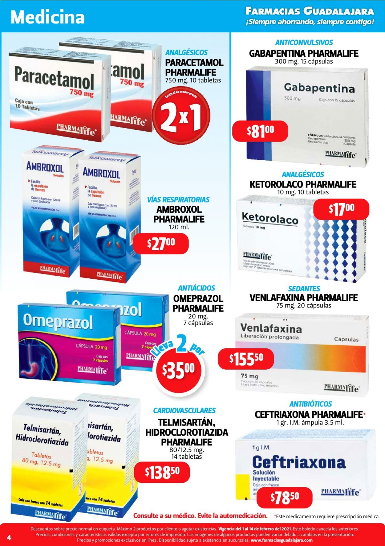 thumbnail - Folleto actual Farmacias Guadalajara - 1.2.2021 - 14.2.2021 - Ventas - Ambroxol, Paracetamol, Omeprazol, Telmisartan, Pharmalife. Página 4.