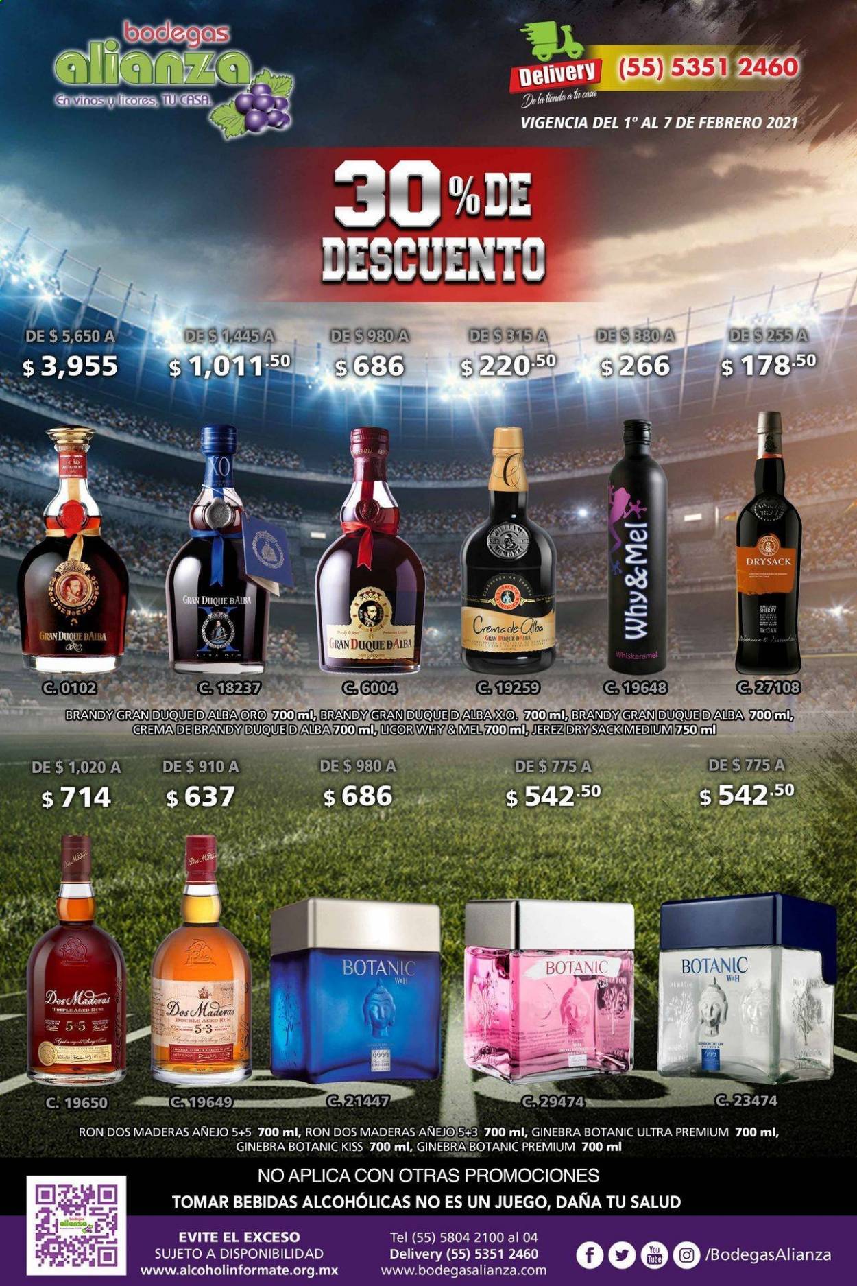thumbnail - Folleto actual Bodegas Alianza - 1.2.2021 - 7.2.2021 - Ventas - ron, brandy, gin, ginebra, licor, bebida alcohólica. Página 1.