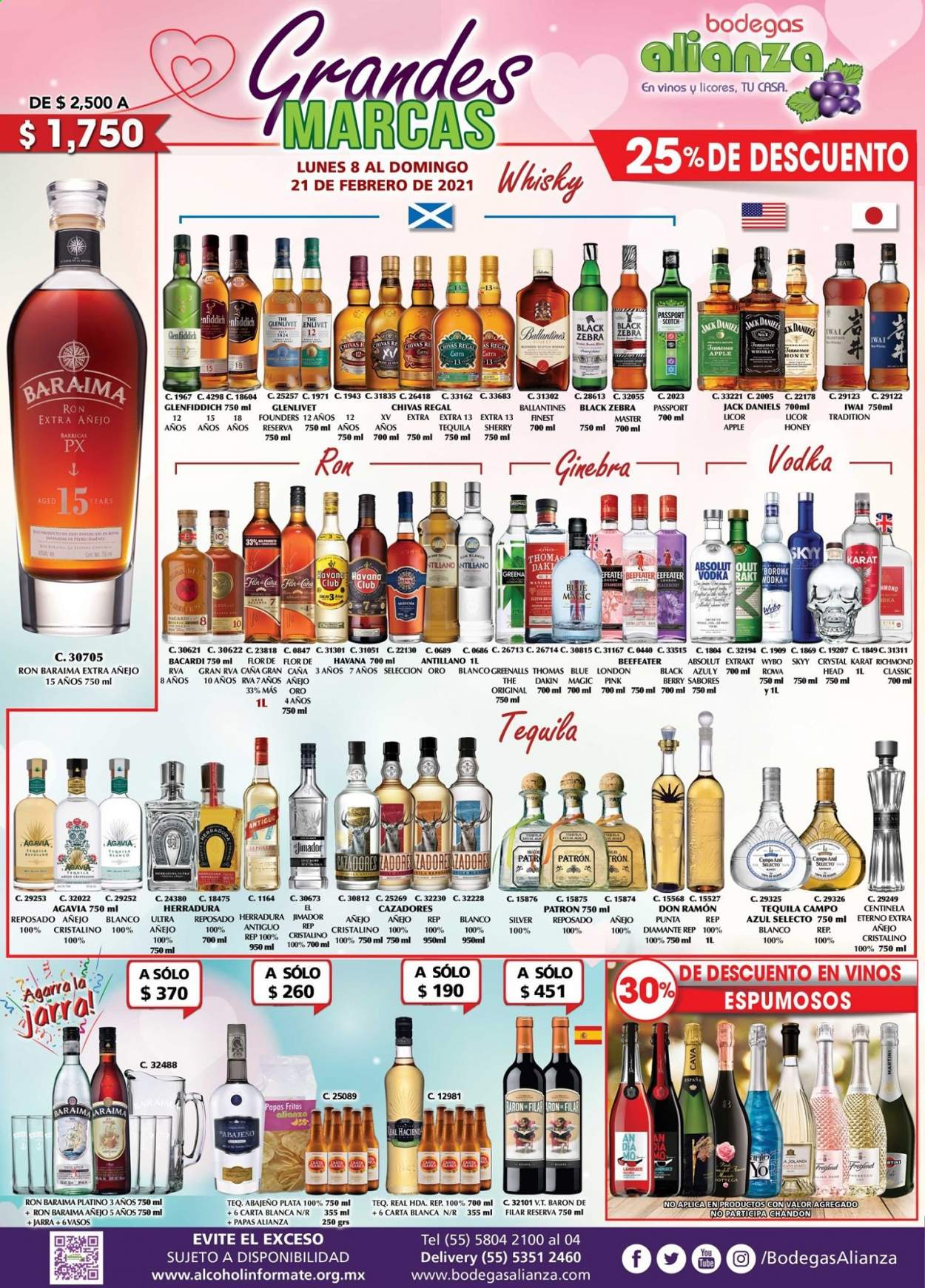 thumbnail - Folleto actual Bodegas Alianza - 8.2.2021 - 21.2.2021 - Ventas - ron, Absolut, Bacardi, Ballantine's, Beefeater, Jack Daniel’s, tequila, vodka. Página 1.