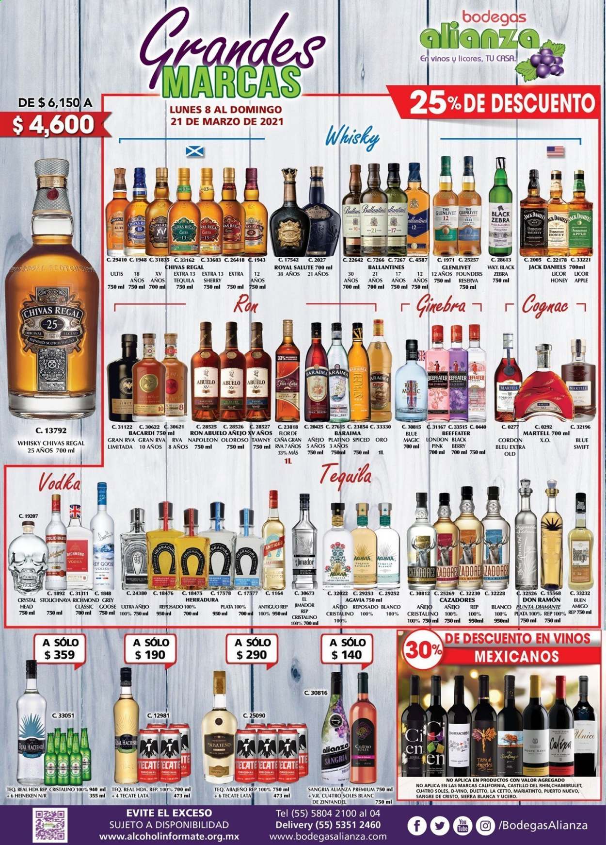 thumbnail - Folleto actual Bodegas Alianza - 8.3.2021 - 21.3.2021 - Ventas - Heineken, vino, Castillo, ron, Bacardi, Ballantine's, Beefeater, gin, ginebra, Jack Daniel’s, Napoleón, tequila, vodka, whisky, sangría. Página 1.