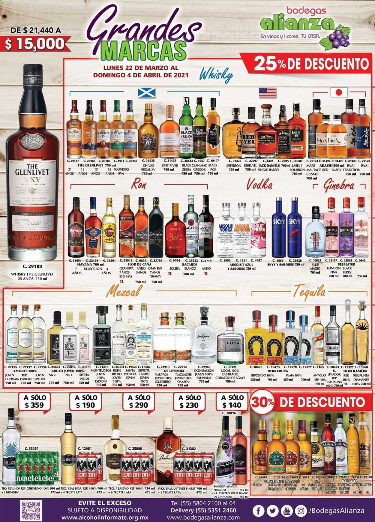 thumbnail - Folleto actual Bodegas Alianza - 22.3.2021 - 4.4.2021 - Ventas - Heineken, ron, Absolut, Bacardi, Ballantine's, Beefeater, bourbon, Flor de Caña, gin, ginebra, Jack Daniel’s, tequila, vodka, whisky, sangría. Página 1.
