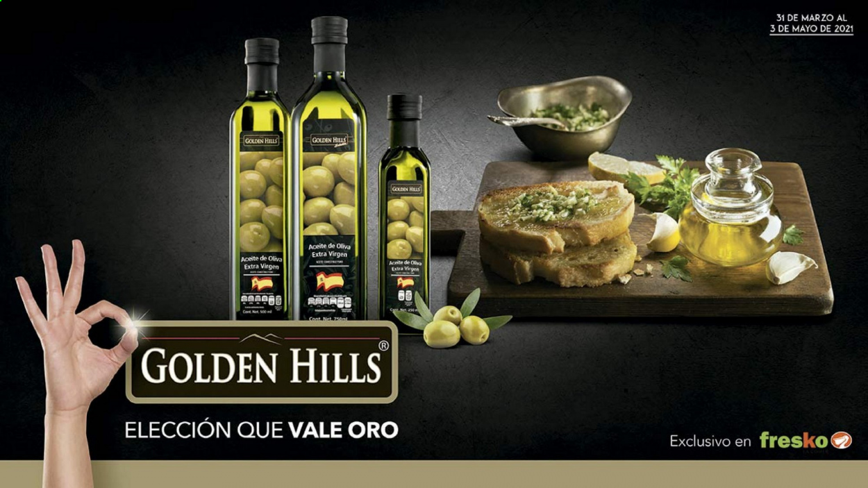 thumbnail - Folleto actual Fresko - 31.3.2021 - 3.5.2021 - Ventas - Golden Hills, aceite de oliva, aceite de oliva extra virgen. Página 1.