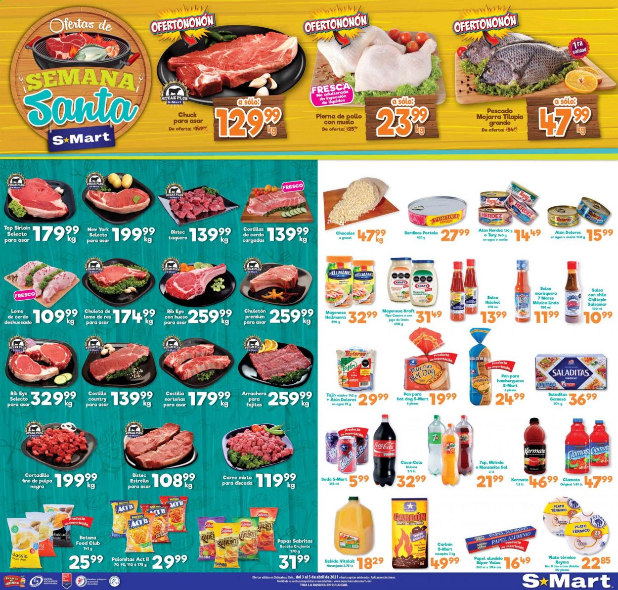 thumbnail - Folleto actual S-Mart - 3.4.2021 - 5.4.2021 - Ventas - chuleta, lomo, lomo de cerdo, steak, costilla, chuletón, papa, pan, tilapia, sardinas, pescado, hot dog, mayonesa, Hellmann's, chips, puré de tomate, salsa, bebida, Coca-cola, clamato, jugo de limón, Mirinda, 7UP. Página 1.