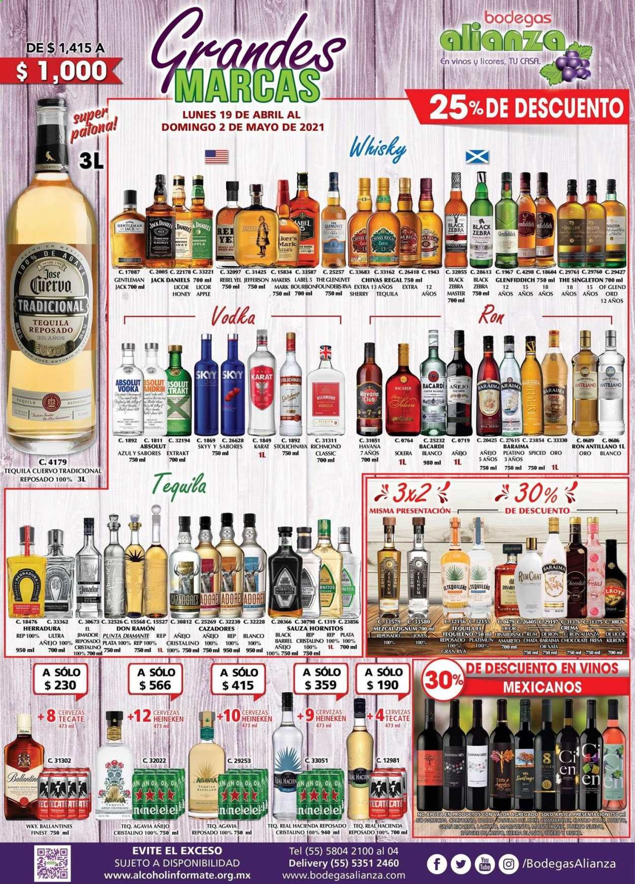thumbnail - Folleto actual Bodegas Alianza - 19.4.2021 - 2.5.2021 - Ventas - Heineken, Castillo, ron, Absolut, Bacardi, Ballantine's, Jack Daniel’s, tequila, vodka, José Cuervo. Página 1.