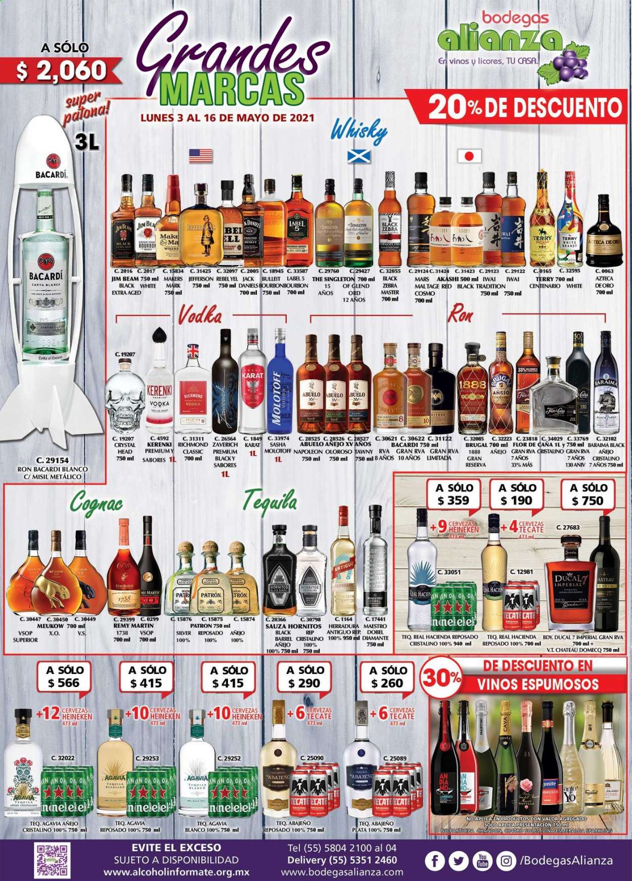 thumbnail - Folleto actual Bodegas Alianza - 3.5.2021 - 16.5.2021 - Ventas - Heineken, Cava, ron, Bacardi, bourbon, brandy, Brugal, Flor de Caña, Jim Beam, Napoleón, tequila, vodka. Página 1.