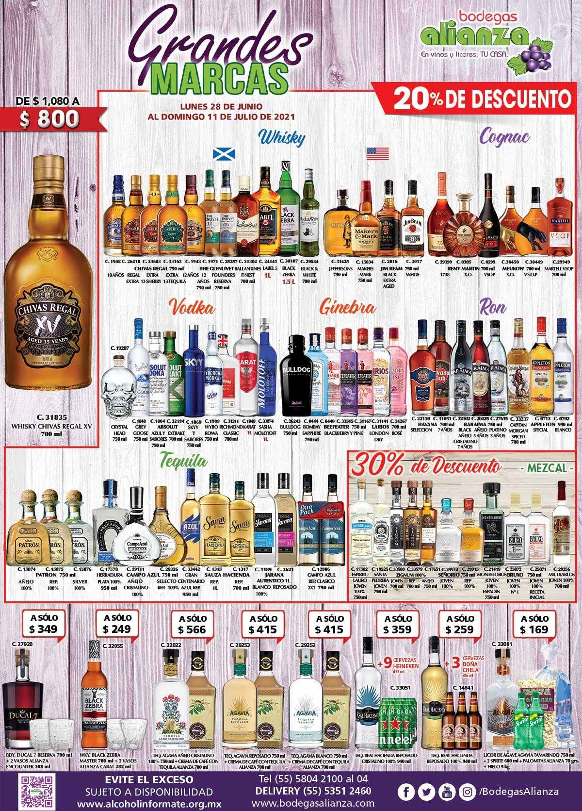 thumbnail - Folleto actual Bodegas Alianza - 28.6.2021 - 11.7.2021 - Ventas - Heineken, ron, Absolut, Ballantine's, Beefeater, Bulldog, cognac, gin, ginebra, Jim Beam, Larios, tequila, vodka, whisky. Página 1.