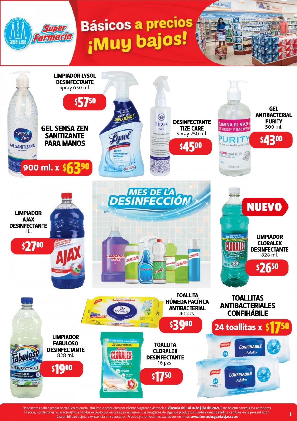 thumbnail - Folleto actual Farmacias Guadalajara - 1.7.2021 - 14.7.2021 - Ventas - toallitas, limpiador, desinfectante, Lysol, gel antibacterial, Cloralex. Página 1.