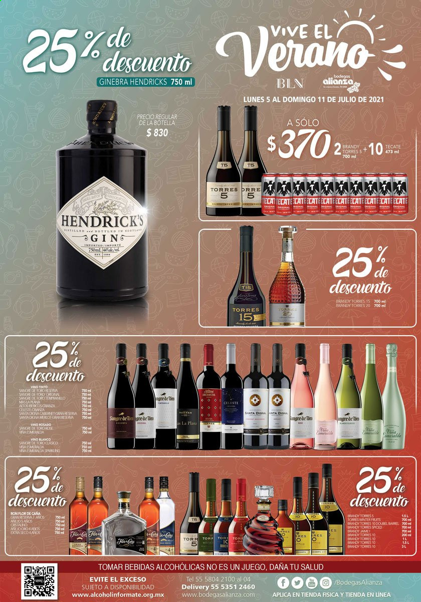 thumbnail - Folleto actual Bodegas Alianza - 5.7.2021 - 11.7.2021 - Ventas - vino, Sangre de Toro, vino blanco, vino rosado, ron, brandy, Flor de Caña, gin, ginebra, bebida alcohólica. Página 1.