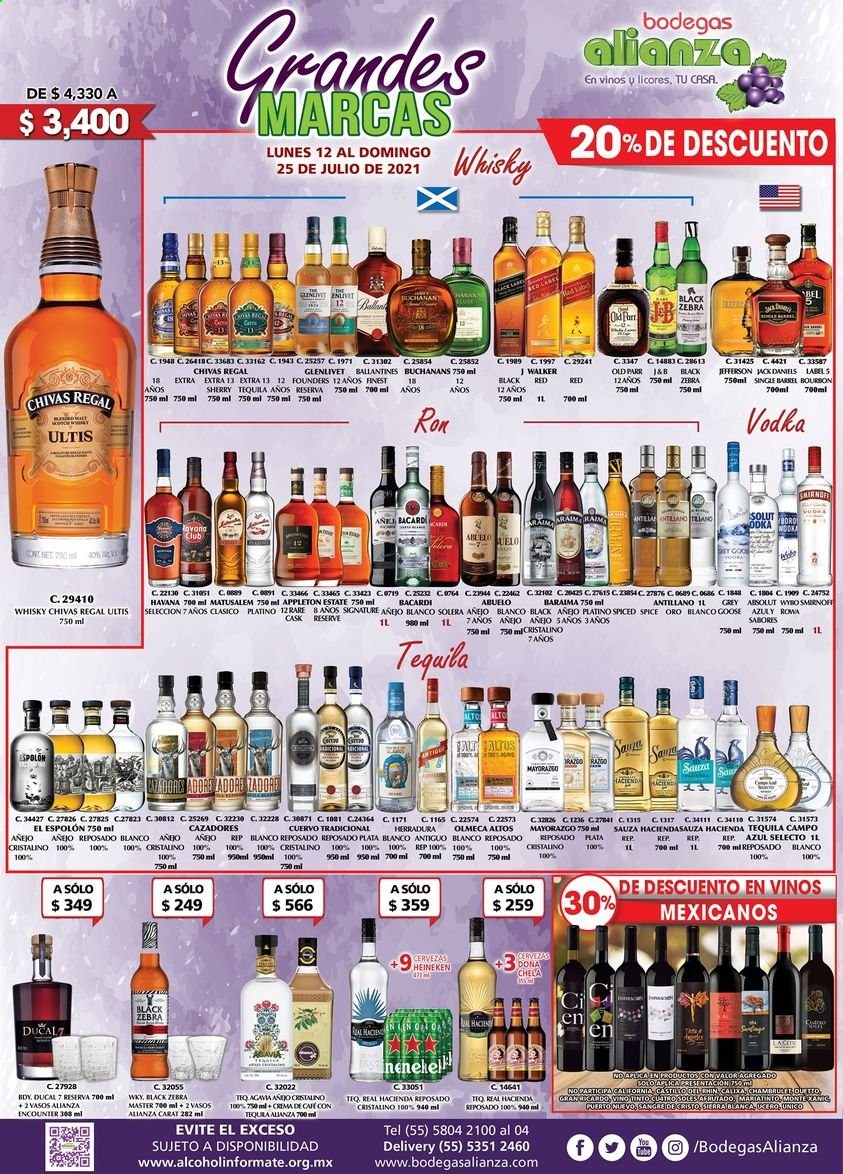 thumbnail - Folleto actual Bodegas Alianza - 12.7.2021 - 25.7.2021 - Ventas - vino, ron, Absolut, Bacardi, Ballantine's, J&B, Jack Daniel’s, Smirnoff, tequila, vodka, whisky, Buchanans. Página 1.