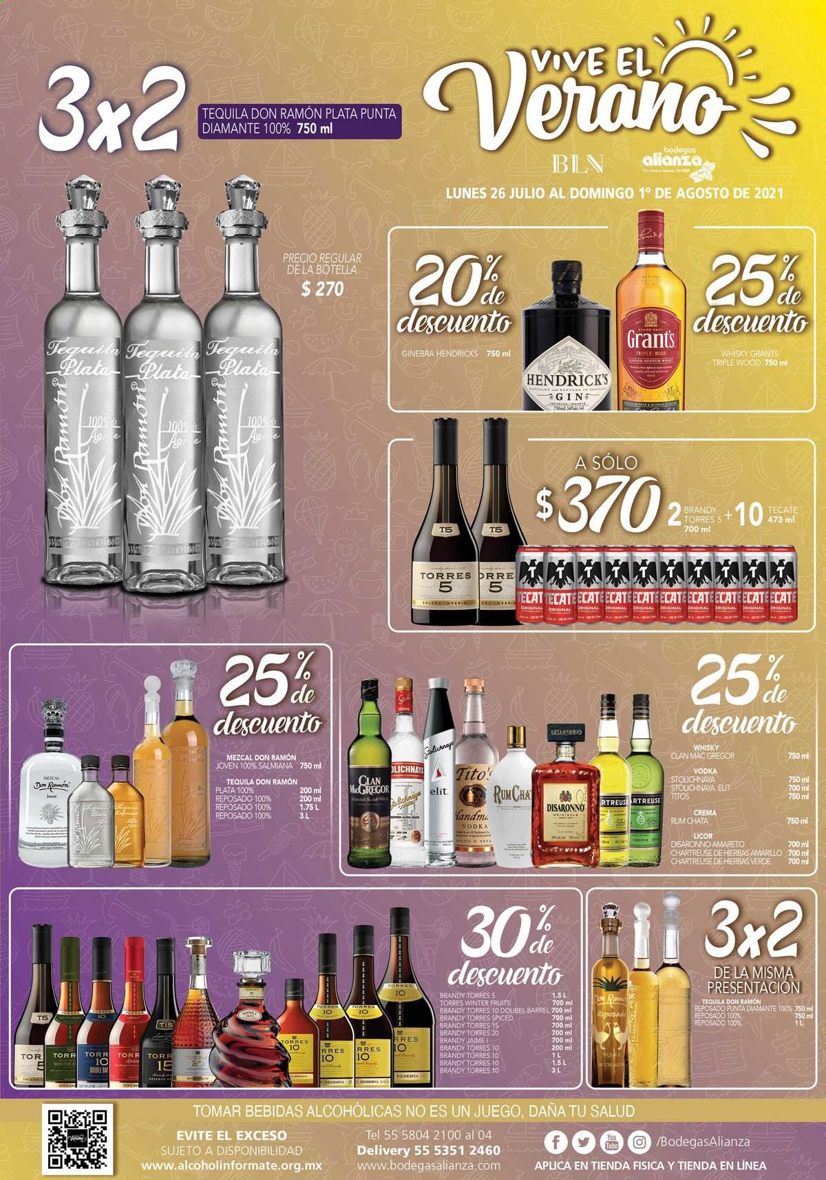 thumbnail - Folleto actual Bodegas Alianza - 26.7.2021 - 1.8.2021 - Ventas - brandy, gin, ginebra, Grant‘s, licor, tequila, vodka, whisky, bebida alcohólica. Página 1.