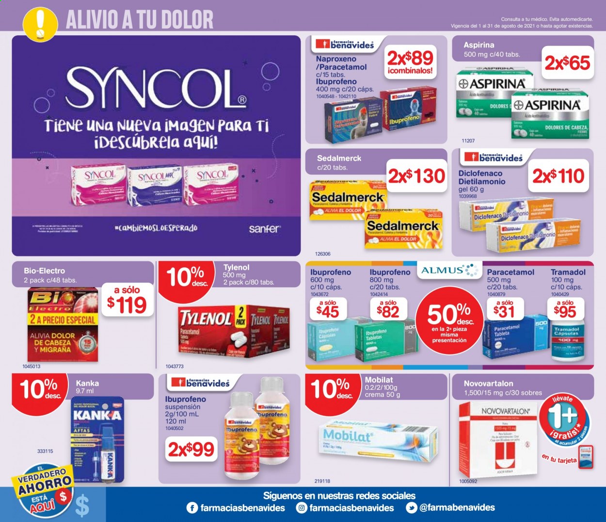 thumbnail - Folleto actual Farmacias Benavides - 1.8.2021 - 31.8.2021 - Ventas - Aspirina, Paracetamol, Diclofenaco, Ibuprofeno, Kanka, Sedalmerck, Tylenol, Syncol. Página 6.