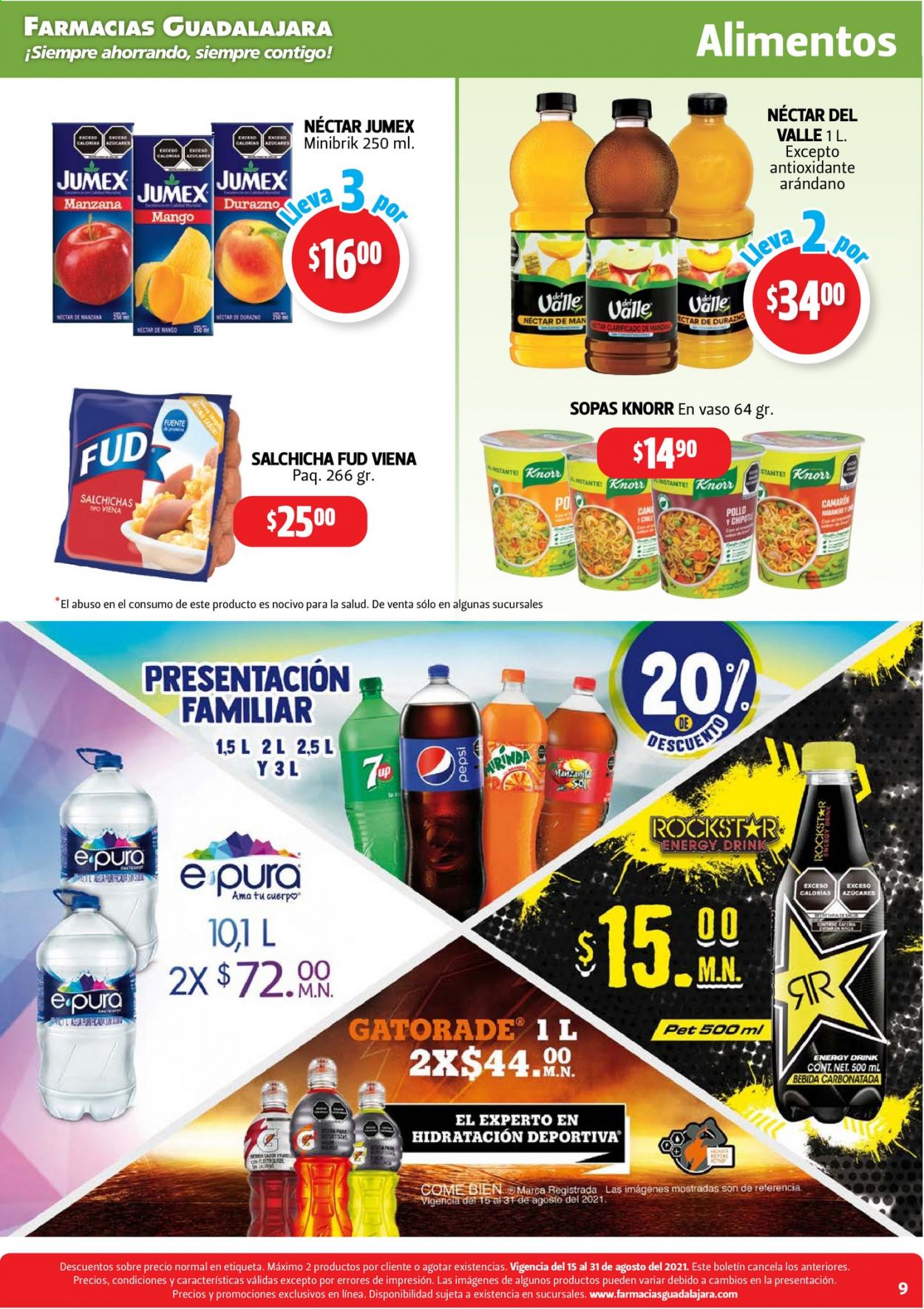 thumbnail - Folleto actual Farmacias Guadalajara - 15.8.2021 - 31.8.2021 - Ventas - camarón, Knorr, sopa, salchicha, nectar, bebida, bebida energética, Jumex. Página 9.