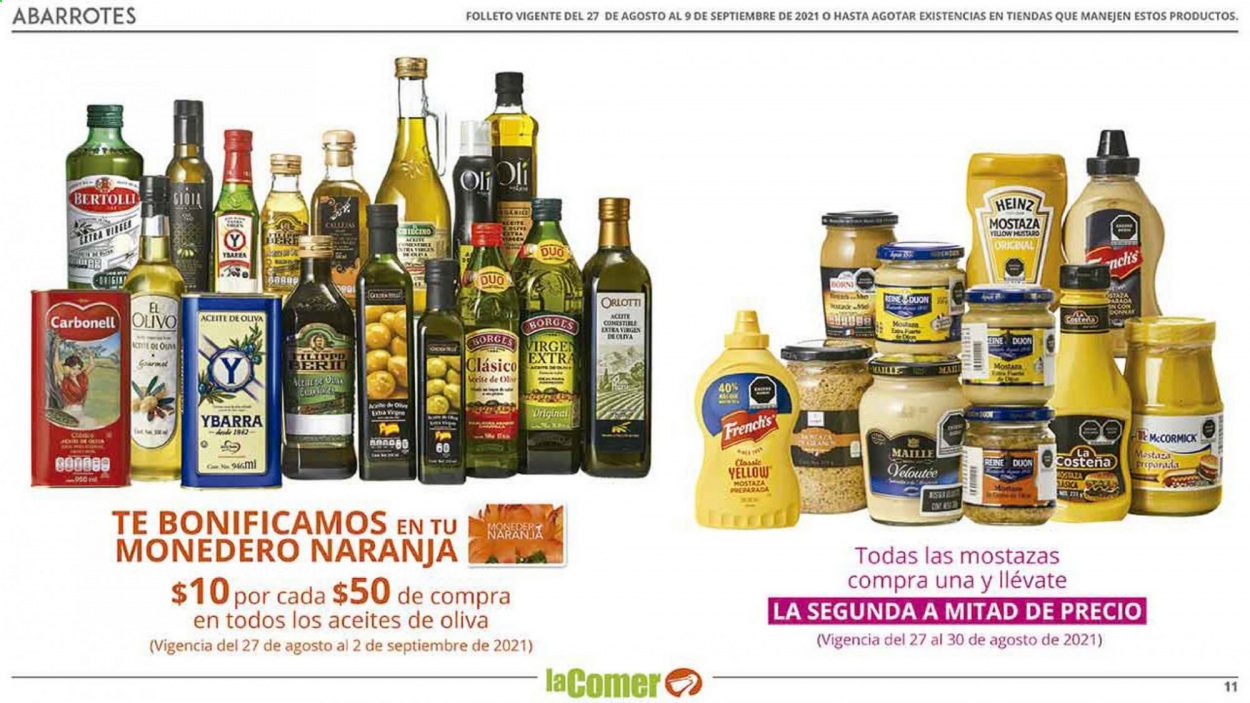 thumbnail - Folleto actual La Comer - 27.8.2021 - 9.9.2021 - Ventas - McCormick, Carbonell, Heinz, Ybarra, Bertolli, mostaza, aceite de oliva, Donnay. Página 11.