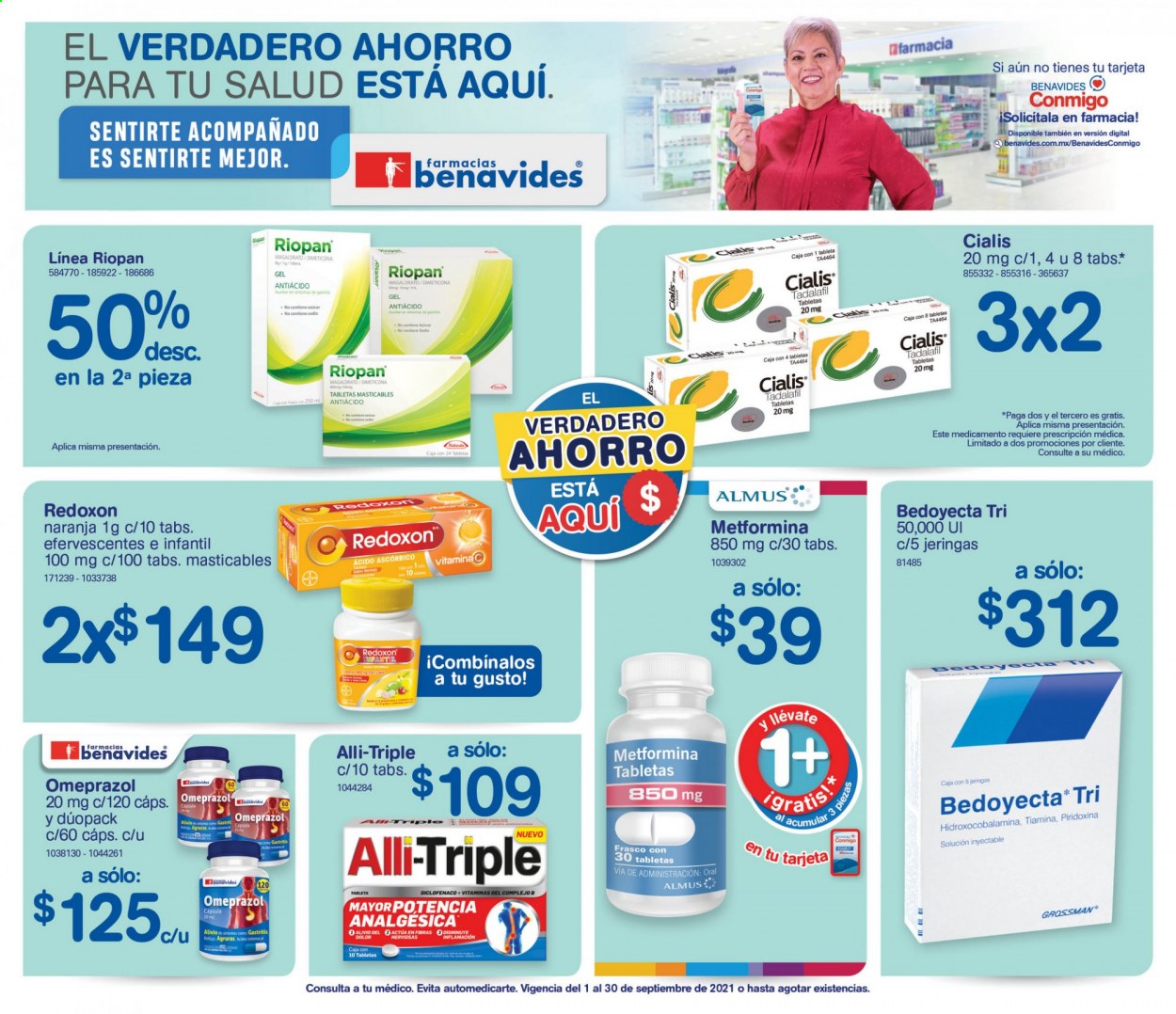 thumbnail - Folleto actual Farmacias Benavides - 1.9.2021 - 30.9.2021 - Ventas - Diclofenaco, Omeprazol, Redoxon. Página 1.