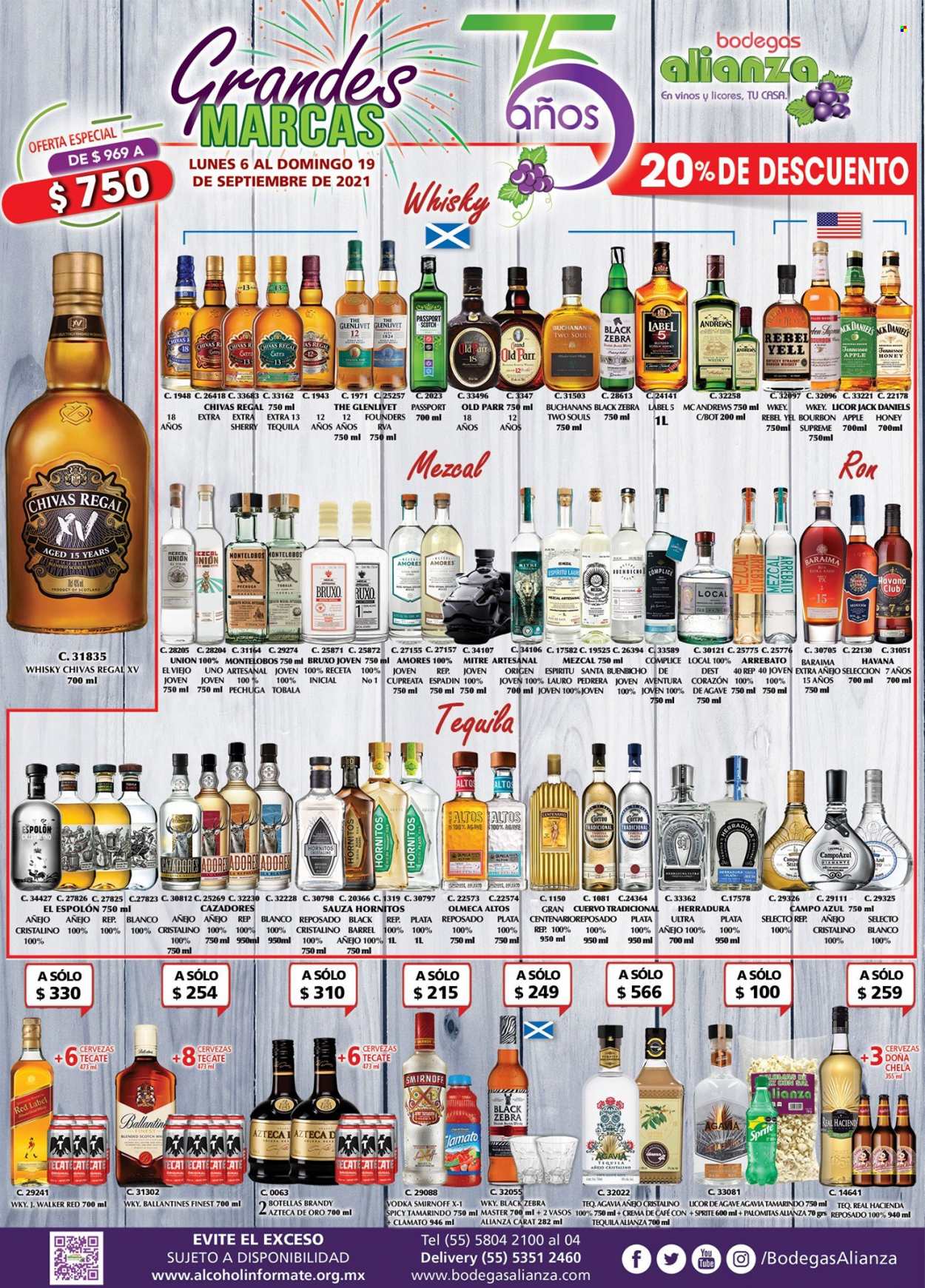 thumbnail - Folleto actual Bodegas Alianza - 6.9.2021 - 19.9.2021 - Ventas - ron, Ballantine's, bourbon, brandy, Jack Daniel’s, Smirnoff, tequila, vodka, whisky, Red Label, Buchanans. Página 1.