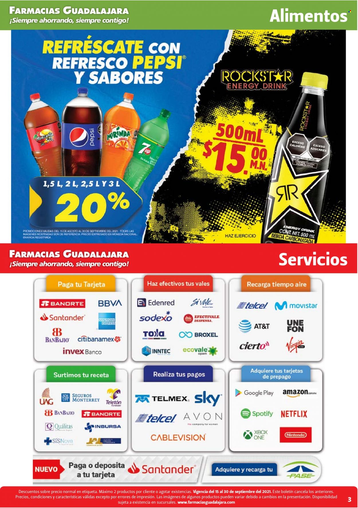 thumbnail - Folleto actual Farmacias Guadalajara - 15.9.2021 - 30.9.2021 - Ventas - bebida, bebida energética, Pepsi. Página 3.