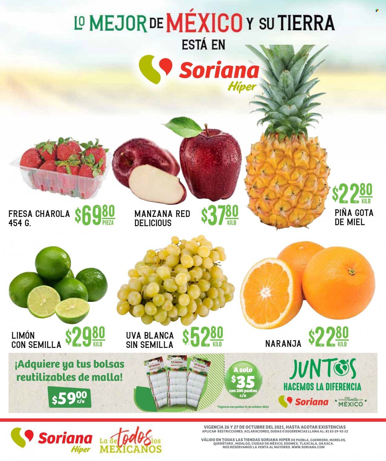thumbnail - Folleto actual Soriana Híper - 26.10.2021 - 27.10.2021 - Ventas - piña, uva, fresa, manzanas, naranja. Página 3.