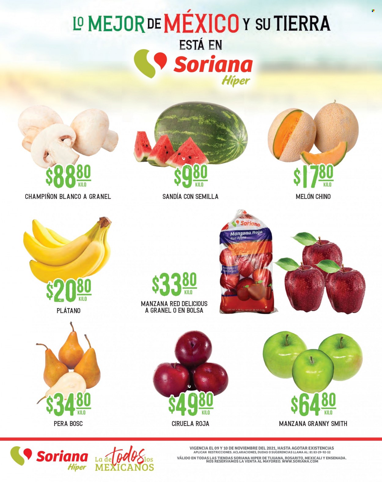 thumbnail - Folleto actual Soriana Híper - 9.11.2021 - 10.11.2021 - Ventas - pera, ciruela, manzanas, plátano, champiñón. Página 3.