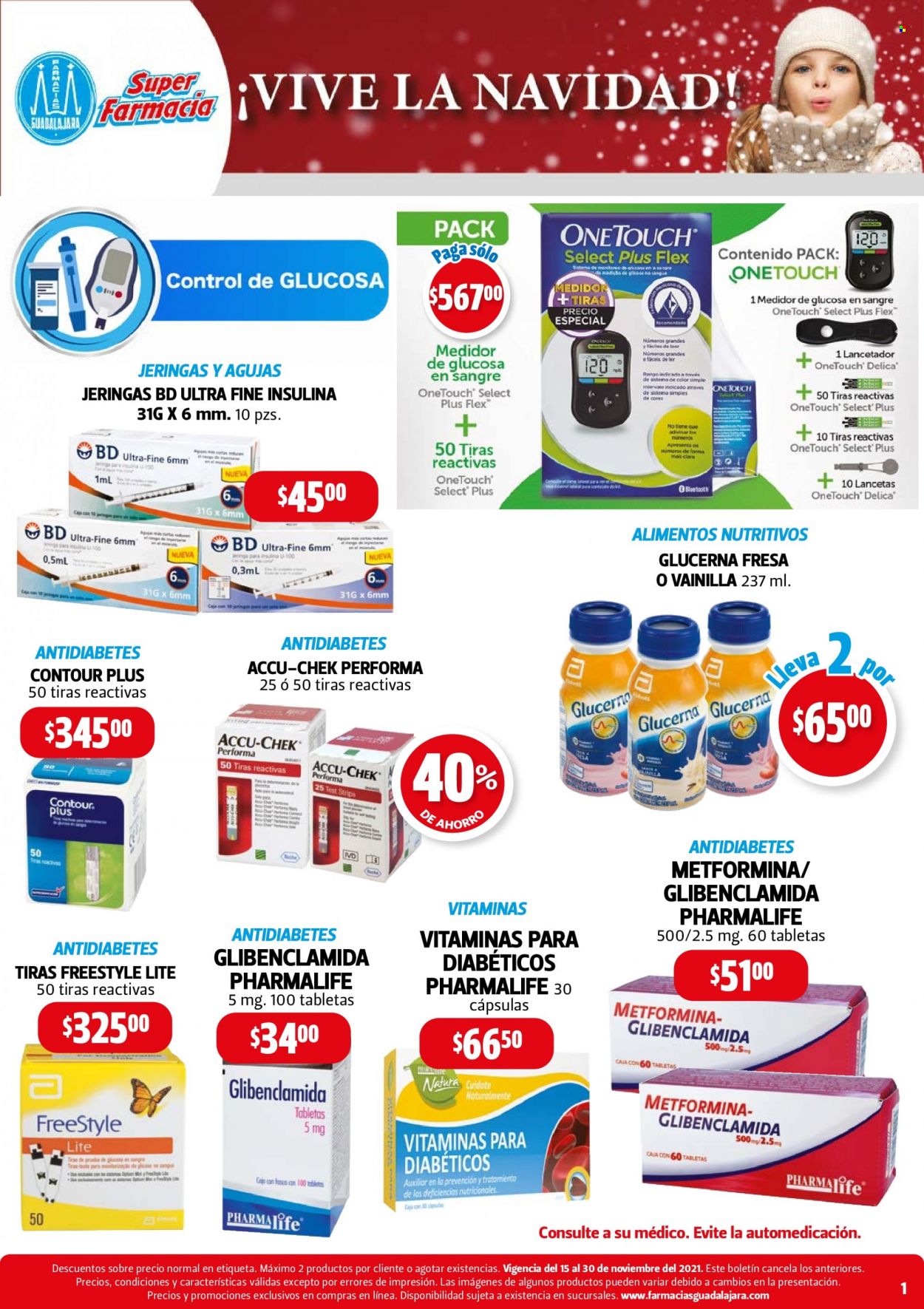 thumbnail - Folleto actual Farmacias Guadalajara - 15.11.2021 - 30.11.2021 - Ventas - Glucerna, Pharmalife, Accu-Chek, tiras reactivas. Página 1.