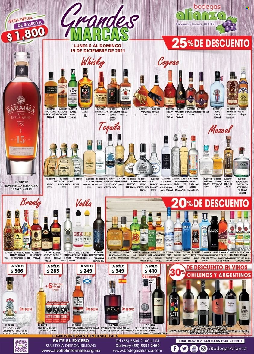 thumbnail - Folleto actual Bodegas Alianza - 6.12.2021 - 19.12.2021 - Ventas - vino, vino tinto, ron, Bacardi, brandy, Brugal, cognac, gin, Jack Daniel’s, Jim Beam, tequila, vodka, Buchanans. Página 1.
