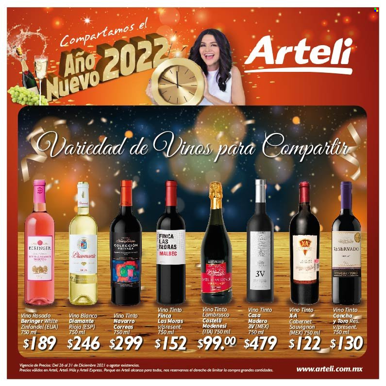 thumbnail - Folleto actual Arteli - 26.12.2021 - 31.12.2021 - Ventas - vino, Cabernet Sauvignon, Lambrusco, vino blanco, vino tinto, Rioja, vino rosado. Página 1.