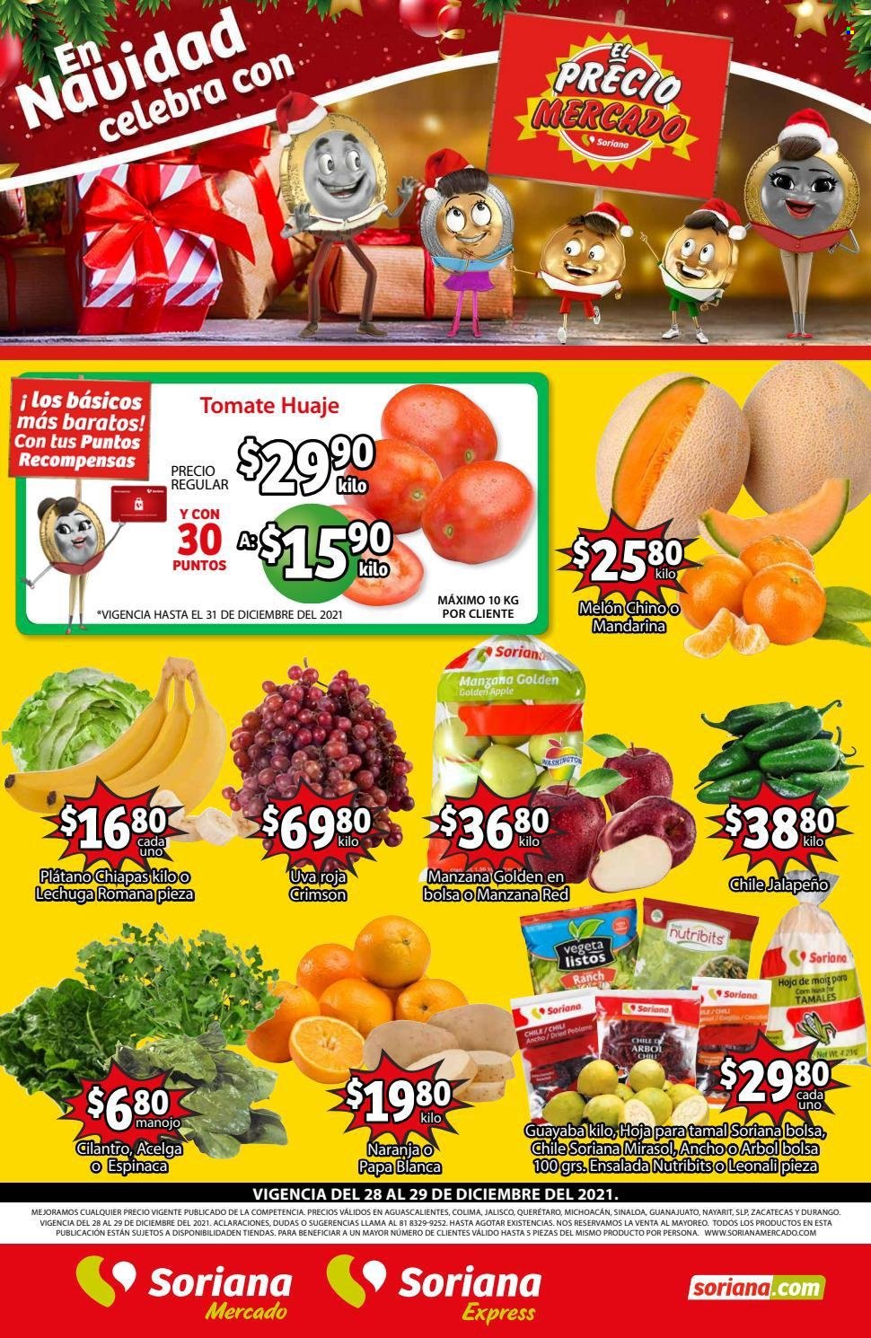 thumbnail - Folleto actual Soriana - 28.12.2021 - 30.12.2021 - Ventas - uva, naranja, plátano, tomate, ensalada, lechuga, espinaca. Página 2.